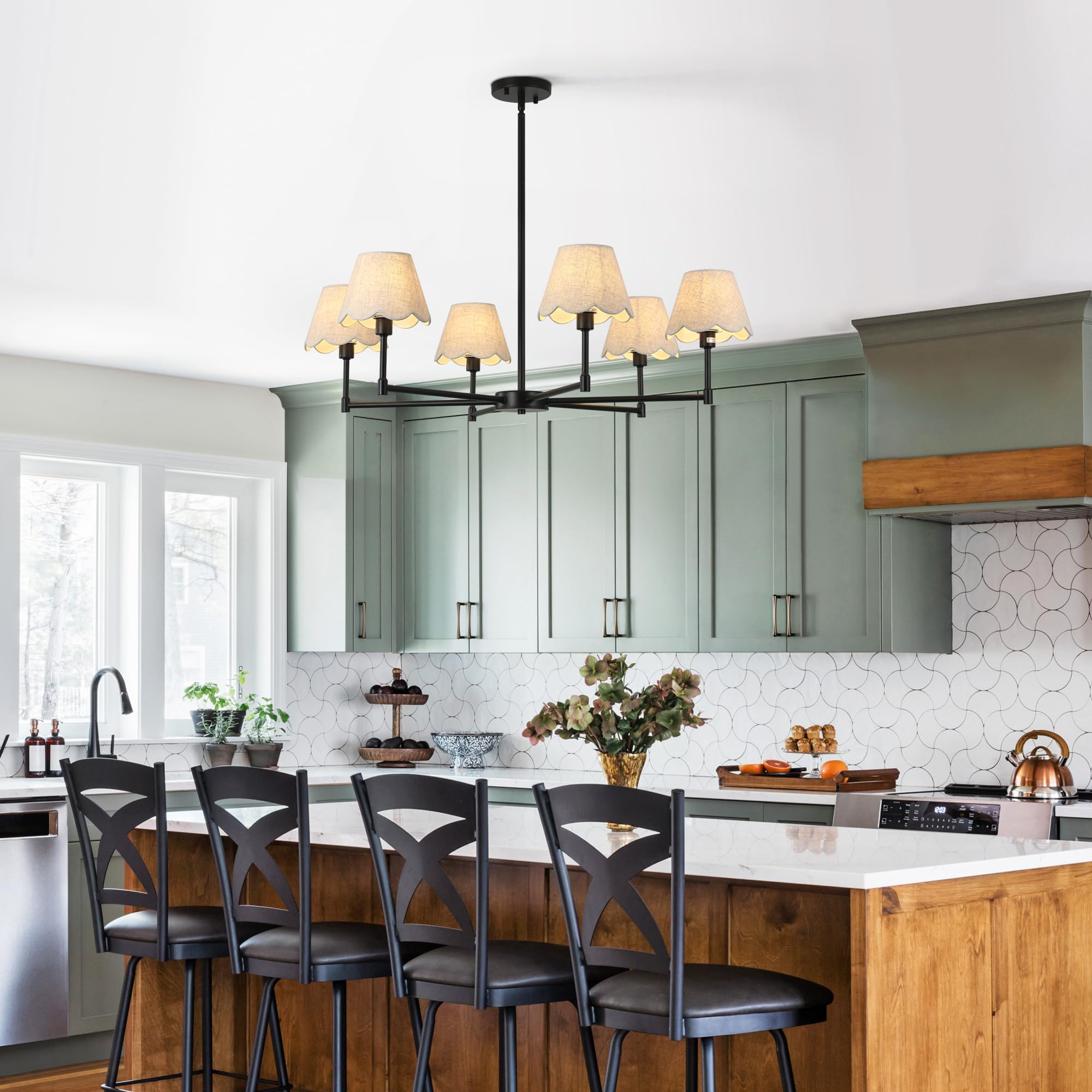 Zxfdwb 6-Light Black Chandelier With White Linen Shades  37.5Modern Pendant Light Fixture For Dining Room  E12 Base  Height Adjustable  Living Room Bedroom Hallway Ceiling Lighting
