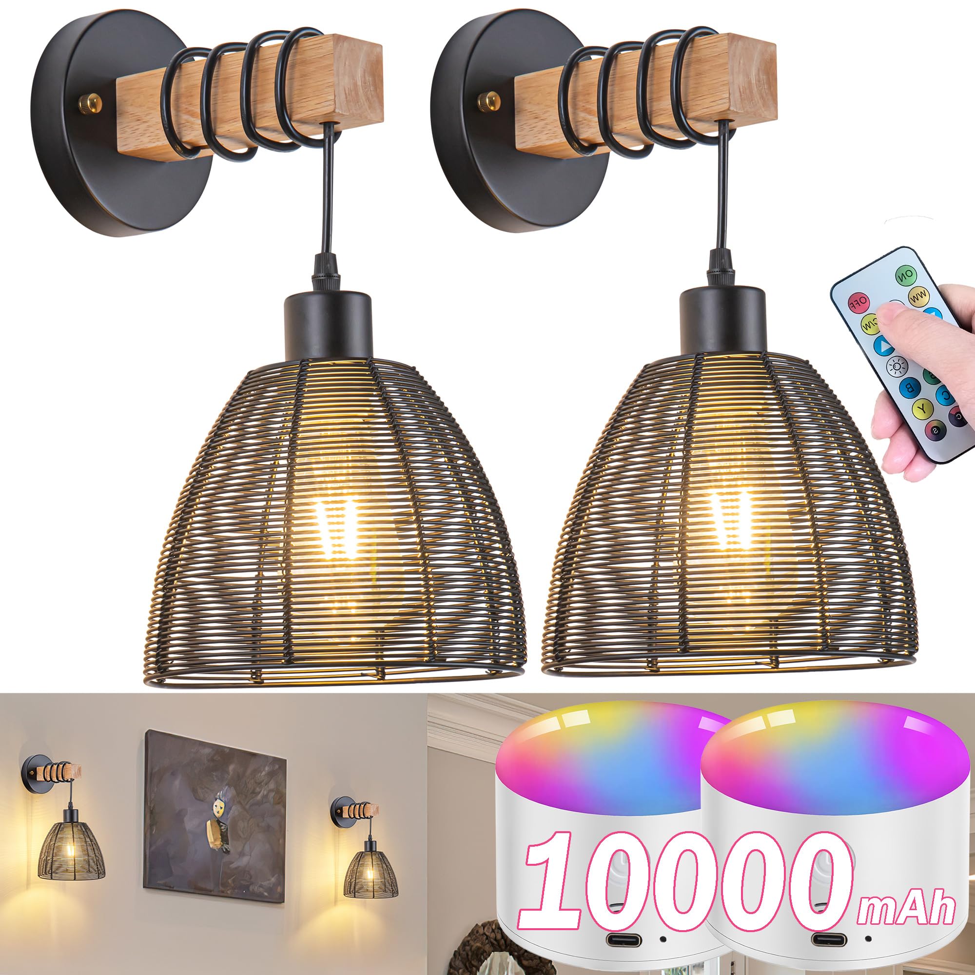 Battery Operated Wall Sconce, Wireless Wall Sconces Set Of Two With Remote Control, Indoor Dimmable Battery Operated Wall Lights