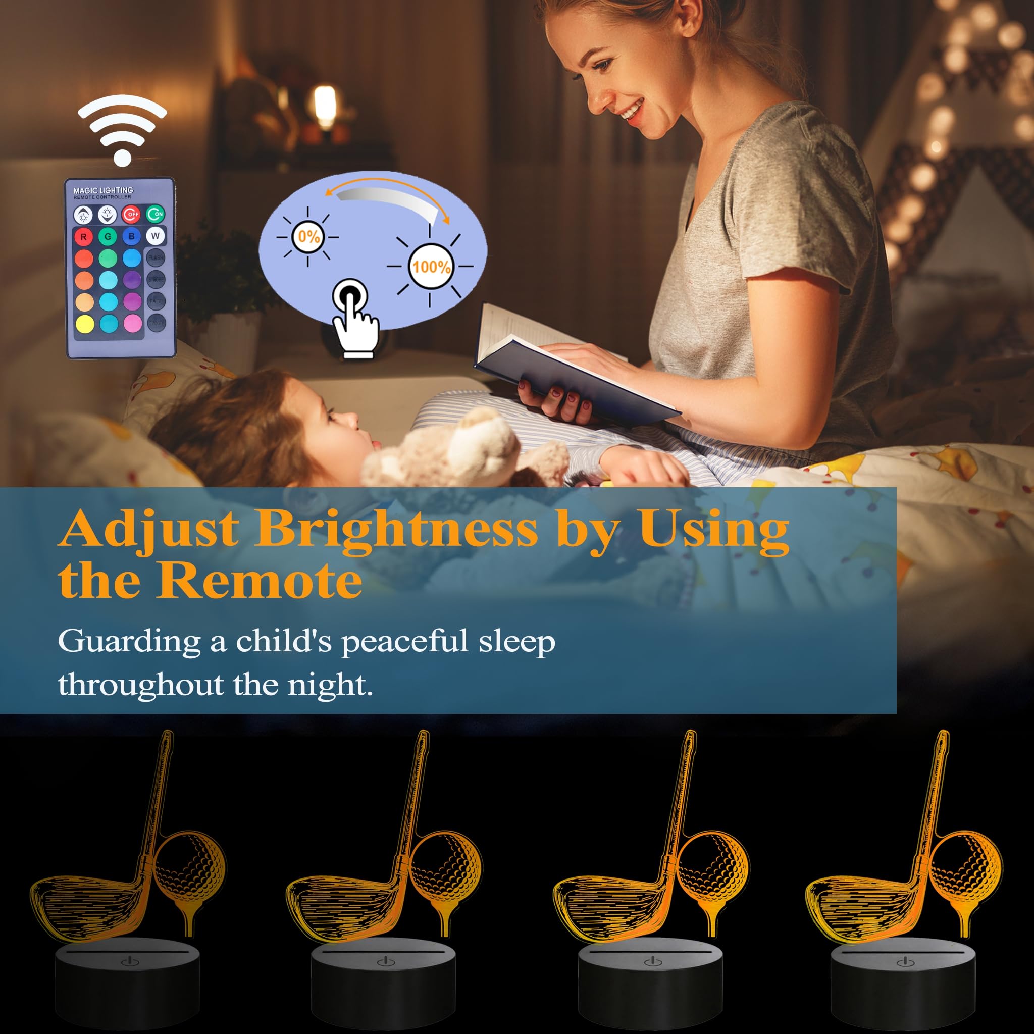 Posshe Golf Night Light, Golf Club Gifts, 3D Illusion Lamp With 16 Colors Changing, Remote Control And Dimmable, Men Boys Girls