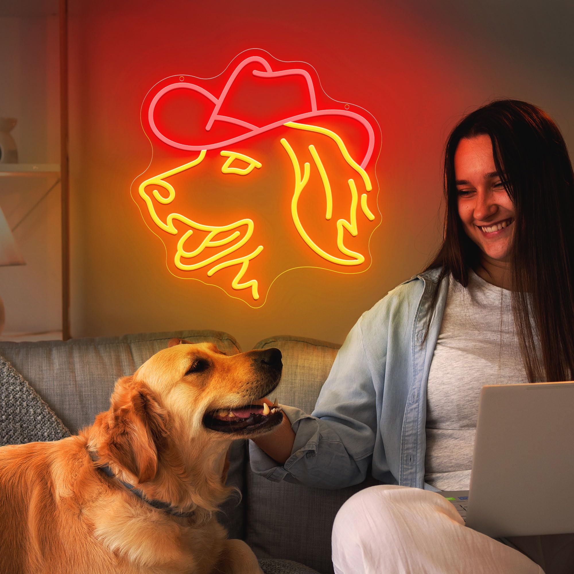 ZLOOREE LED Neon Sign - Golden Retriever Wall Decor, Dimmable, 13x12.6 inches, Red/Golden Yellow, Acrylic, Ideal for Home & Parties