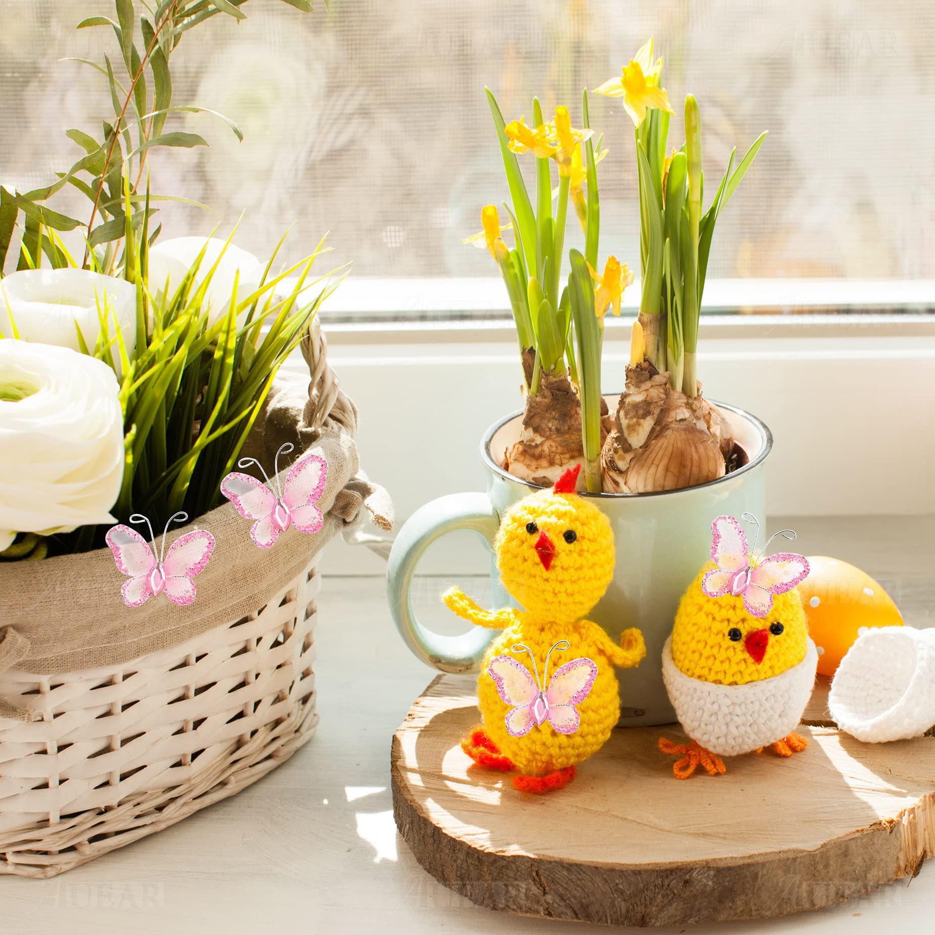 AUEAR Sheer Mesh Glitter Butterfly Decorations 100 Pack Pink MC7313X2