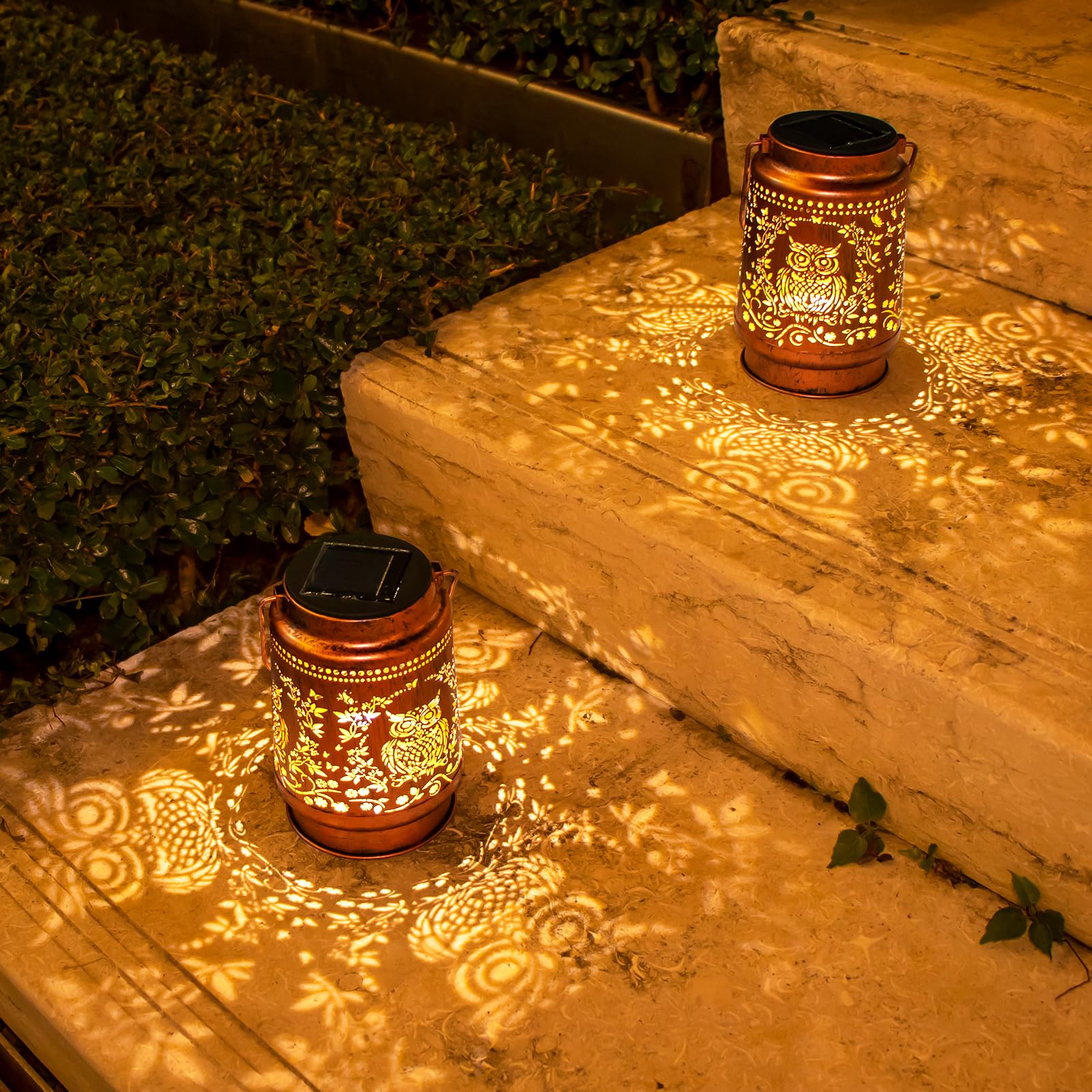 ZASOWUUO Solar Lantern - Outdoor Garden Decor, Waterproof Hanging LED, Bronze, Model ZA-DL-OWL