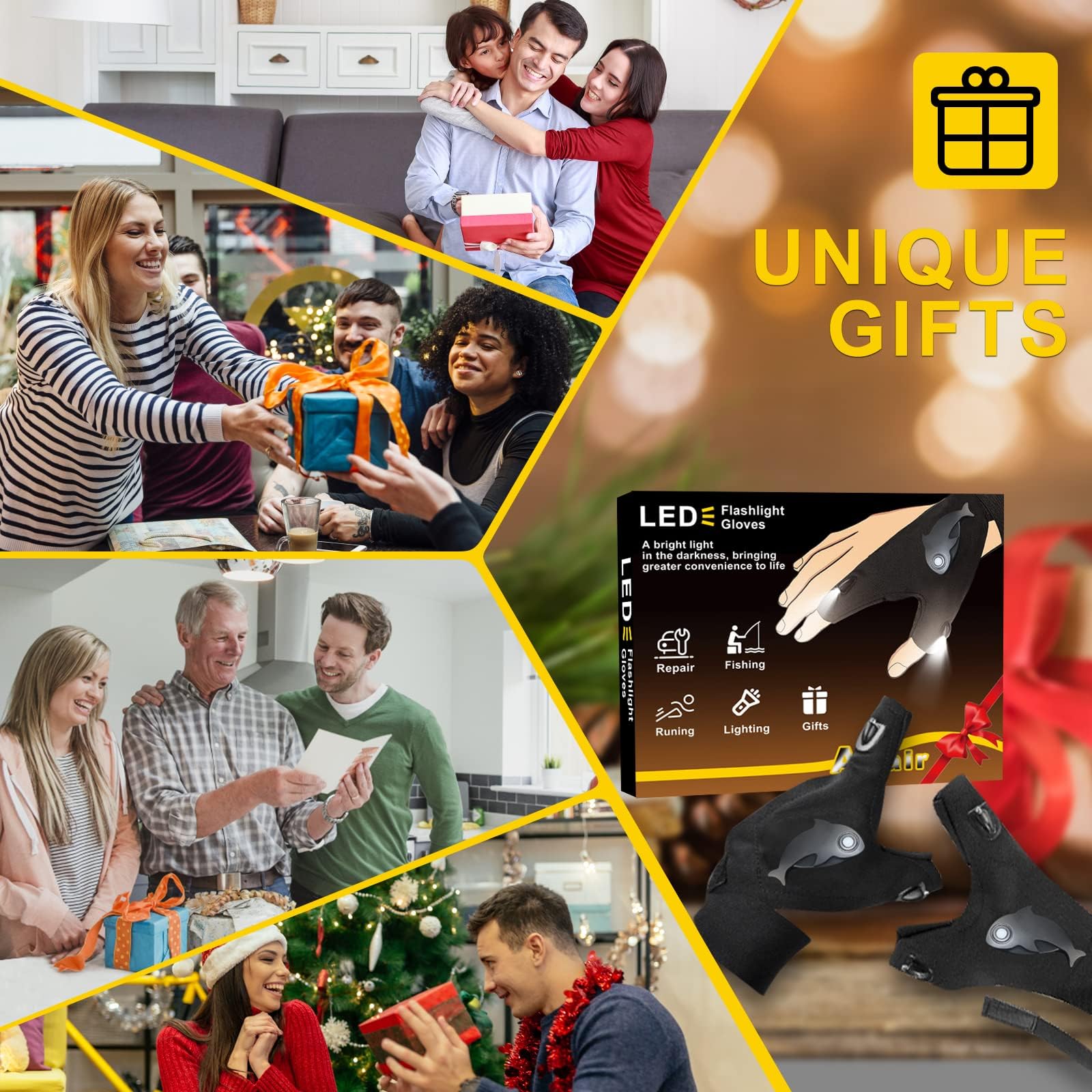 LOUISWARE LED Rechargeable Flashlight Gloves, Gifts for Men, for Dad, Cool Stretchy Fingerless Light Gloves Gadget for Repairing