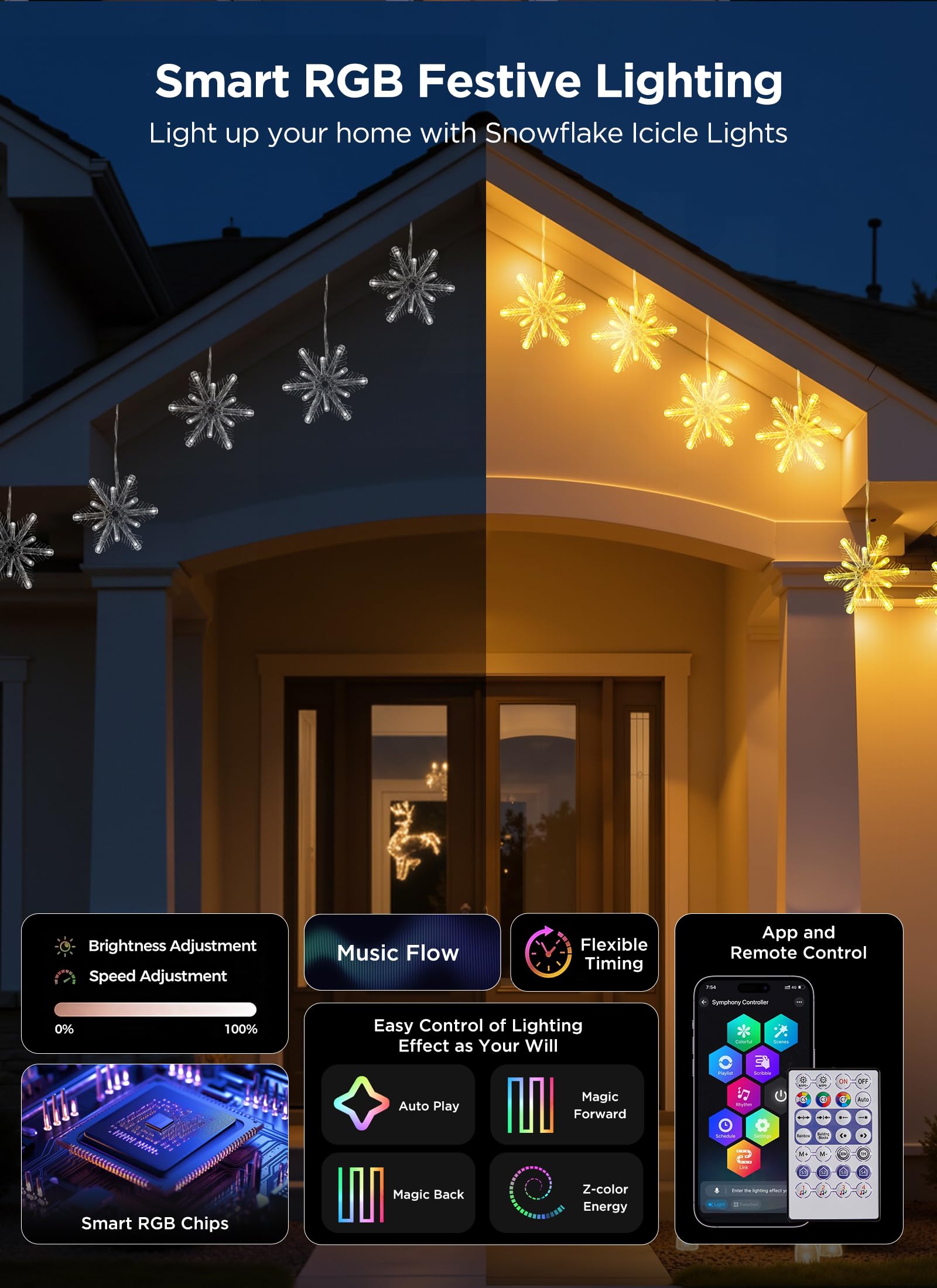 Brightown Smart Christmas Snowflake Lights, 12ft 96LED, APP Control, Waterproof, 8 Drops, White, Model BMSL83