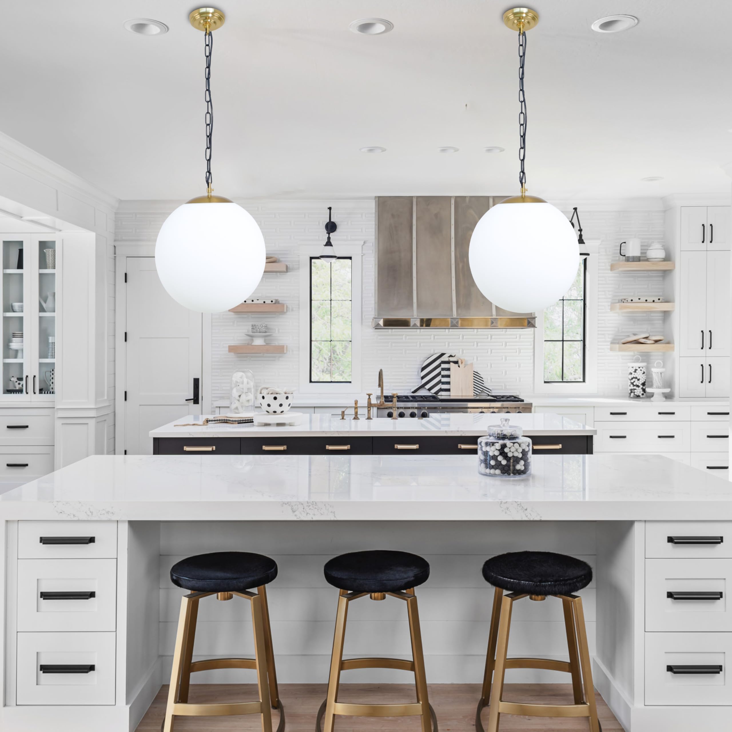 Koko&Yukina 13.7&quot; Gold Globe Pendant Light, Opal & Brass Adjustable Fixture For Dining Room