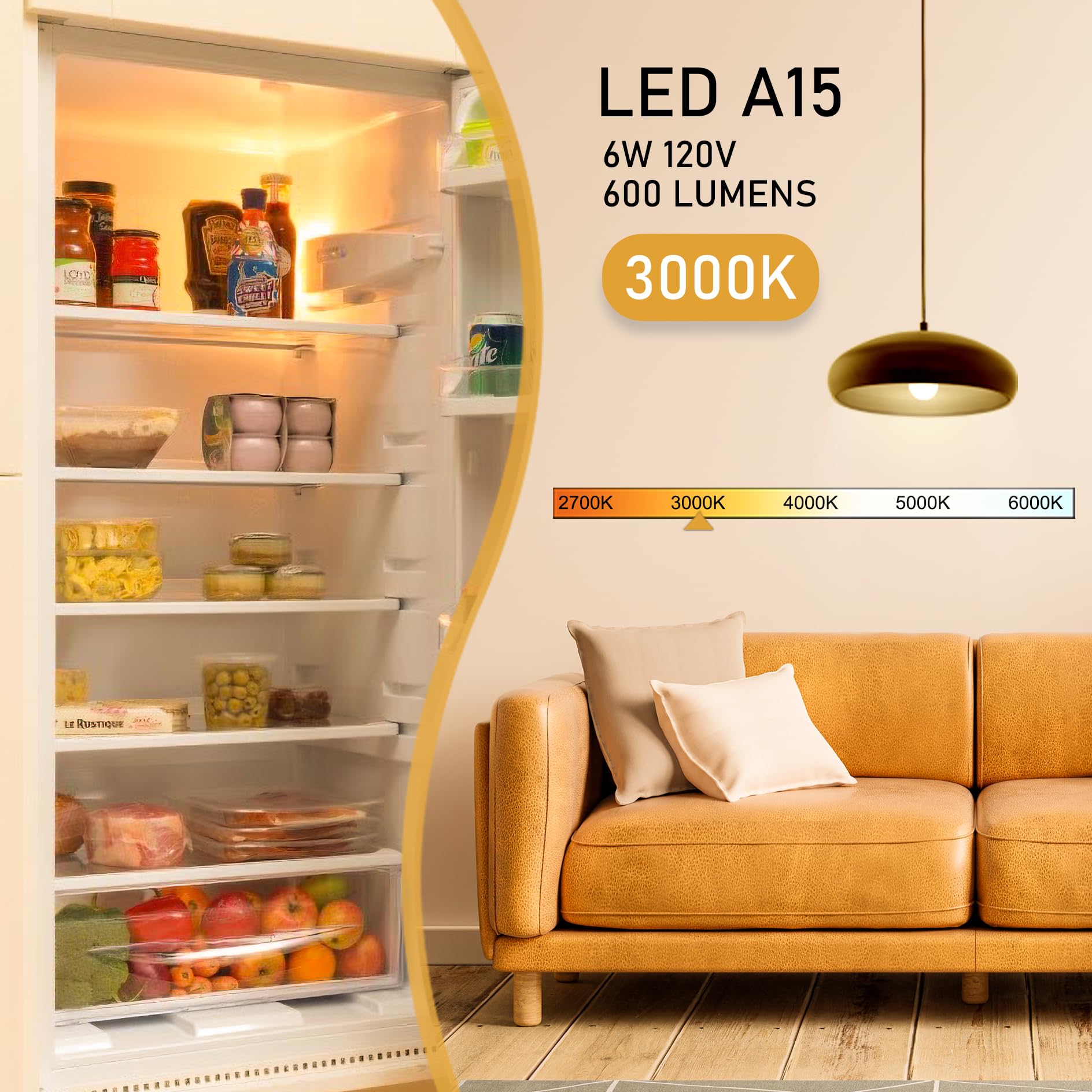 Hansang Led Refrigerator Light Bulb E26 Base, 3000K Soft White, 6W Waterproof Appliance Bulb 60Watt Equivalent, A15 Small Fridge