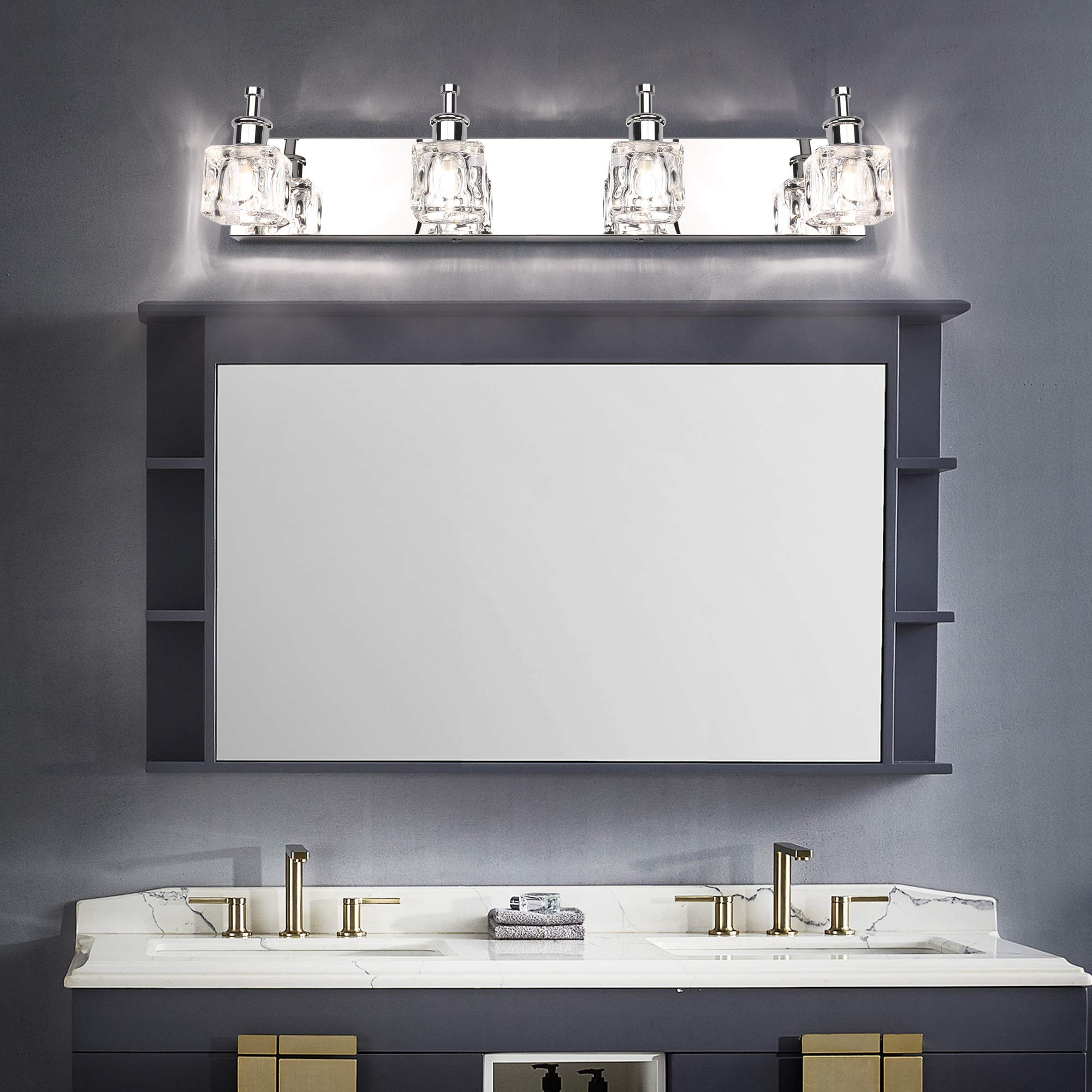 PRESDE Bathroom Vanity Light Fixtures - Modern LED 4 Lights, Chrome, Crystal Finish, Excludes Bulb