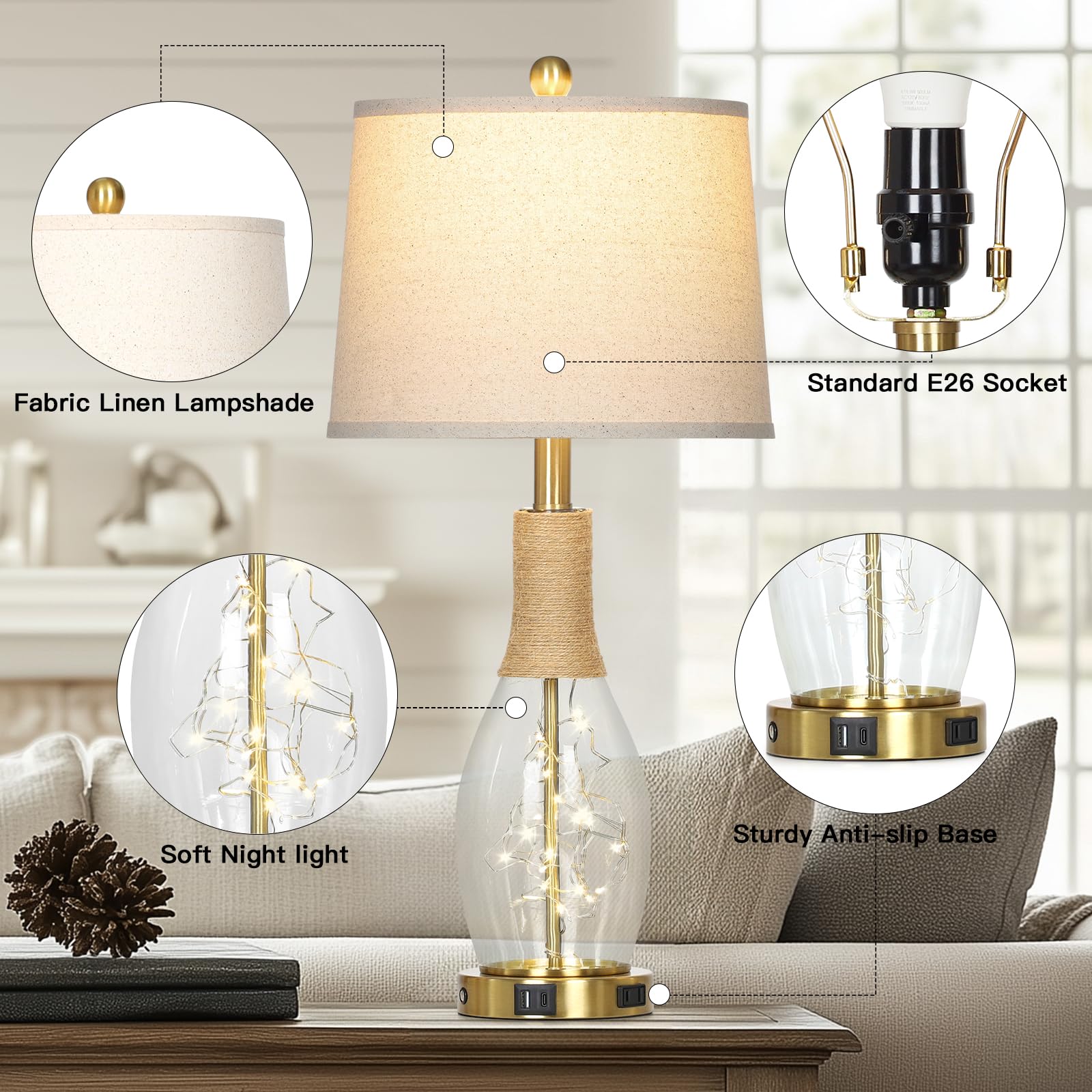 27.5'' Coastal Glass Table Lamps Set Of 2, Touch Control 3-Way Dimmable Modern Table Lamps With Usb A+C Ports & Ac Outlets, Farm