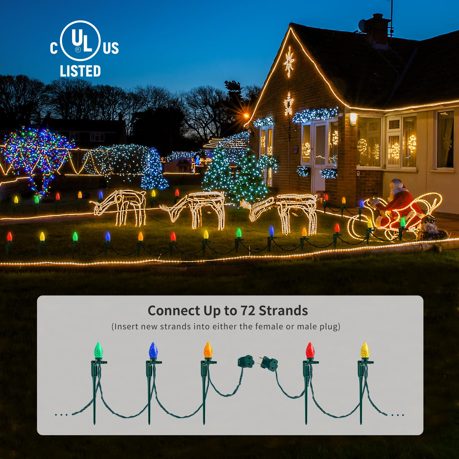Suraielec C9 Christmas Pathway Lights, 25Ft Outdoor Christmas Light With 25 Stakes, 25 Multicolored Led Bulbs, Connetable String