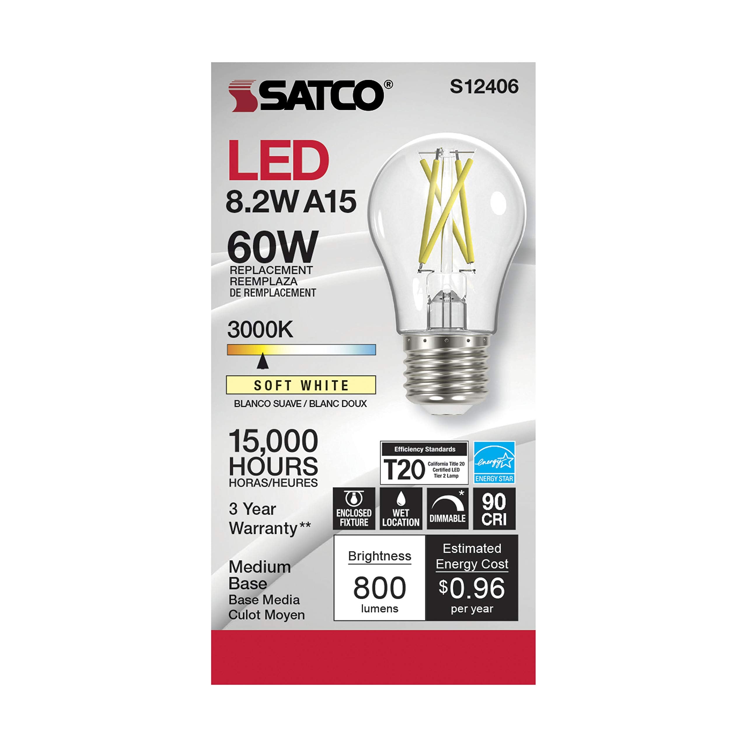Satco Vintage Dimmable LED Filament Bulbs, 8.2W, A15, Soft White 3000K, Model S12406, 120V, 6 Pack