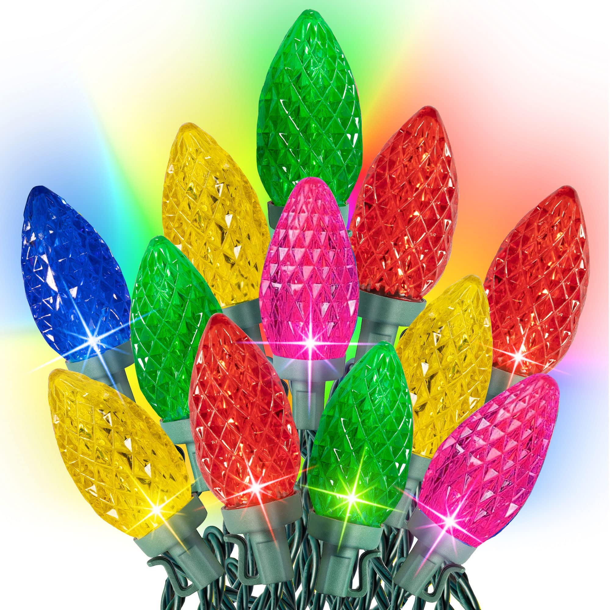 Dazzle Bright C9 Christmas String Lights, 100 LED, 66 FT, Waterproof, Green Wire, Multi-Colored, Model ZFD-50W-2/S-F2