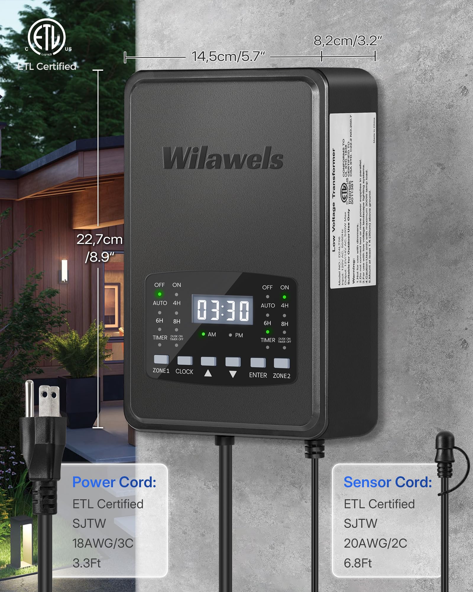 Wilawels 500W Low Voltage Landscape Transformer  2 Zone Independent Control Landscape Lighting Transformer  120Vac To 12/14V Ac Low Voltage Transformer With Timer & Photocell Sensor Etl Listed D24Lt06