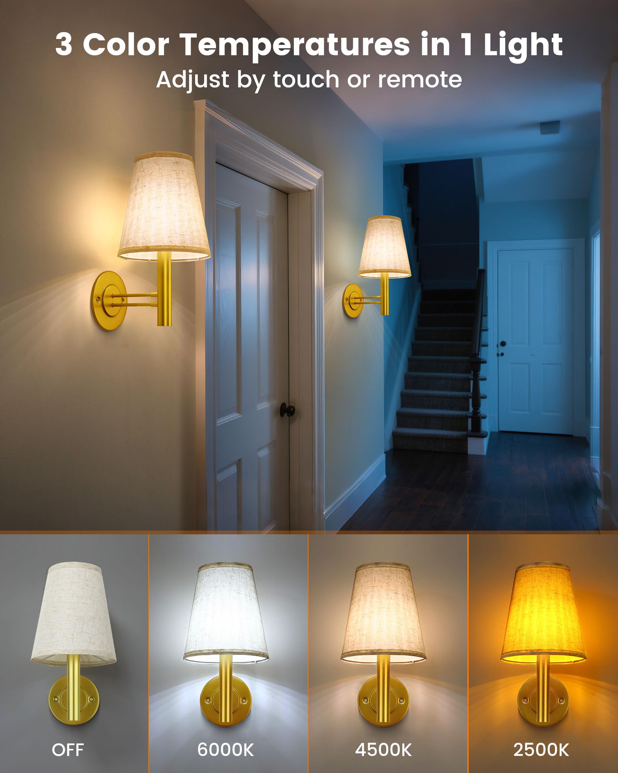 TECOMLIGHT Battery Operated Wall Sconces - Wireless LED Lamp Set of 2, Satin Gold, Remote & Touch Control, Model TWS-002