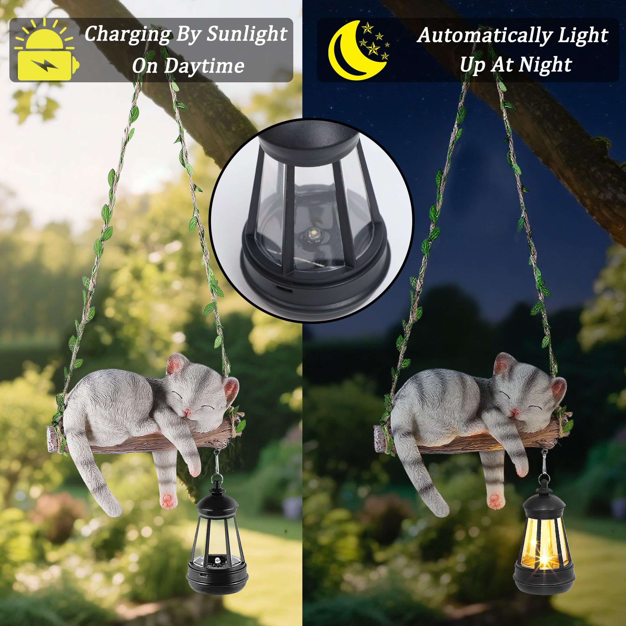 ZaaYee Solar Lighted Garden Statue - 22.6" Resin Cat with Lantern, Gray, Model LIECAT, Outdoor Hanging Decoration