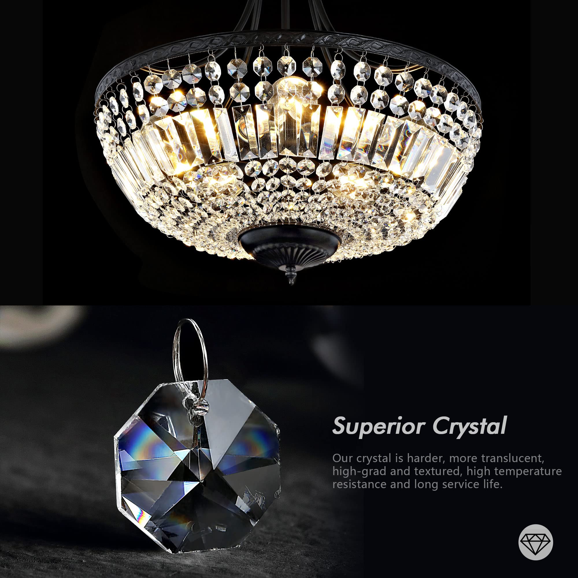 WINGBO 19.5" Black Crystal Ceiling Light Fixture, 5-Light Raindrop Chandelier for Living Room, Bedroom, Hallway, Modern Semi Flush Mount