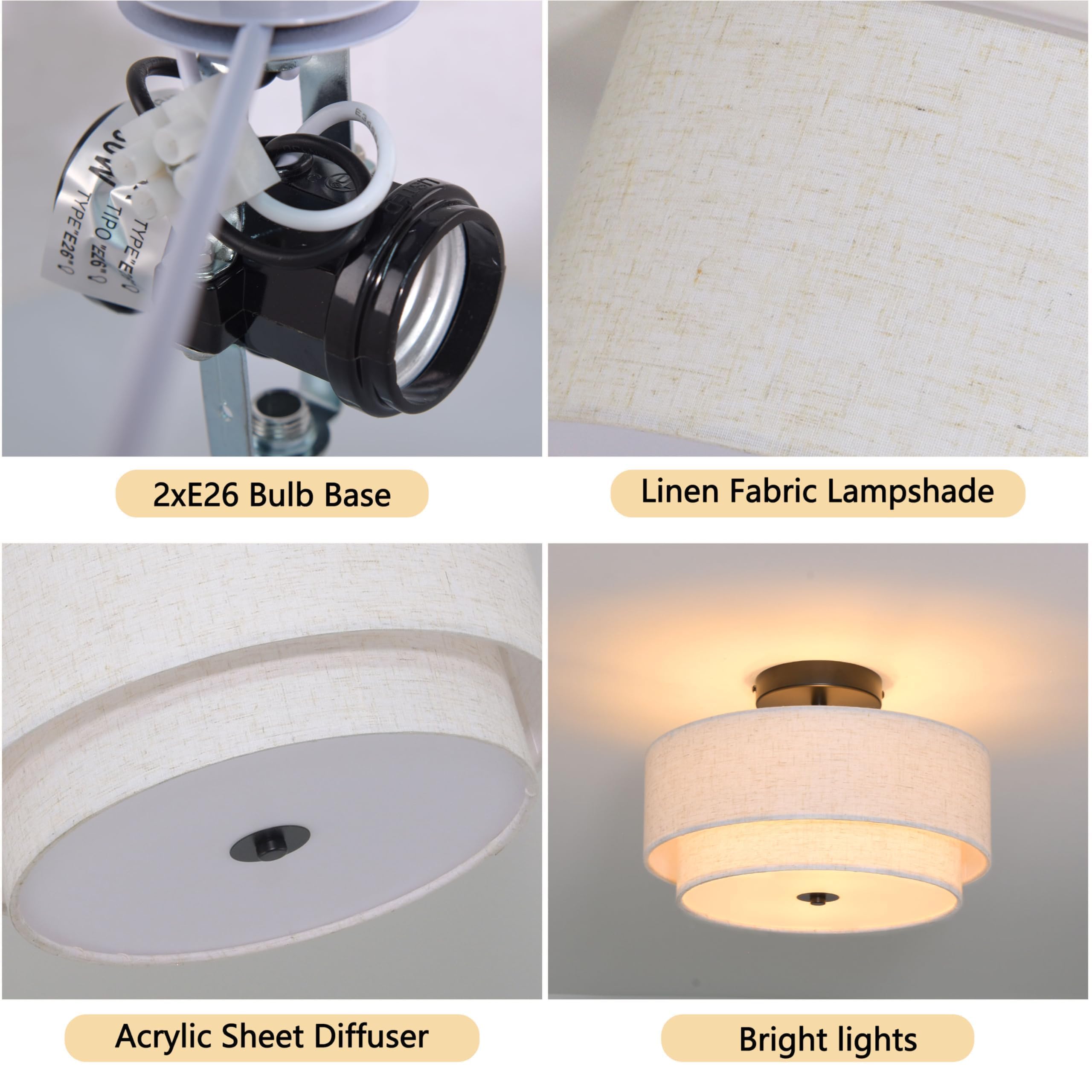 2 Light Semi Flush Mount Ceiling Light Fixture 12.6 Inch Modern Black Drum Ceiling Light Fixture With 2-Layer Fabric Shade Dimma
