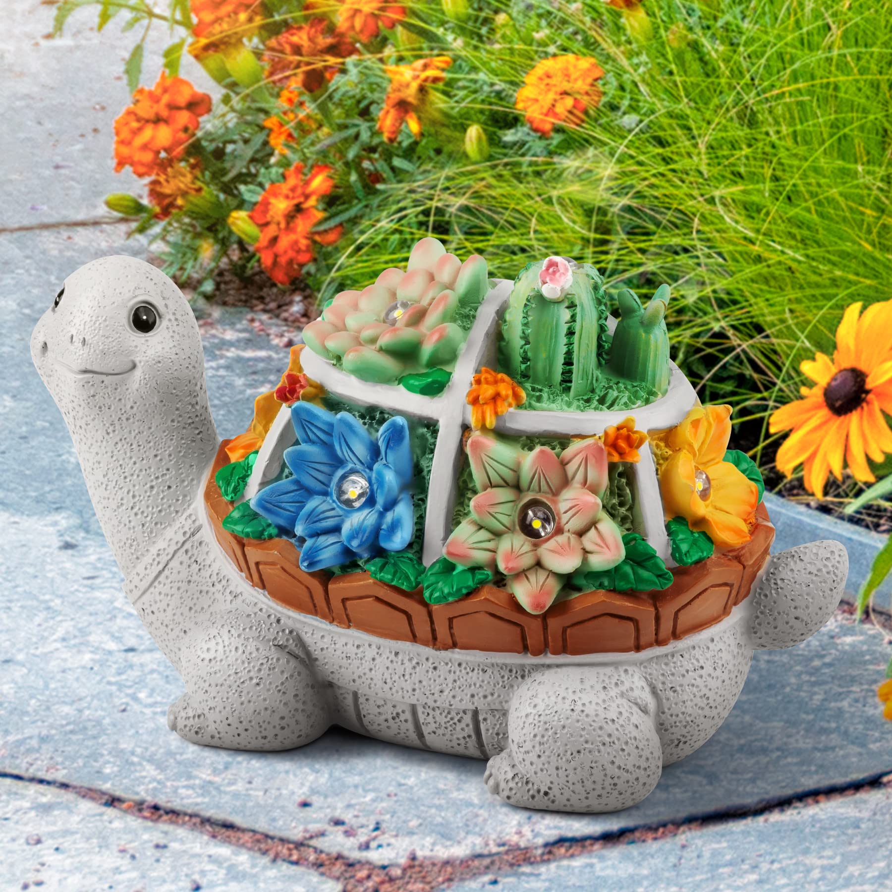 Garden Statues, Turtle Solar Garden Outdoor Statues Lawn Ornaments with Cactus & LED Lights, Tortoise Figurines Outdoor Clearanc