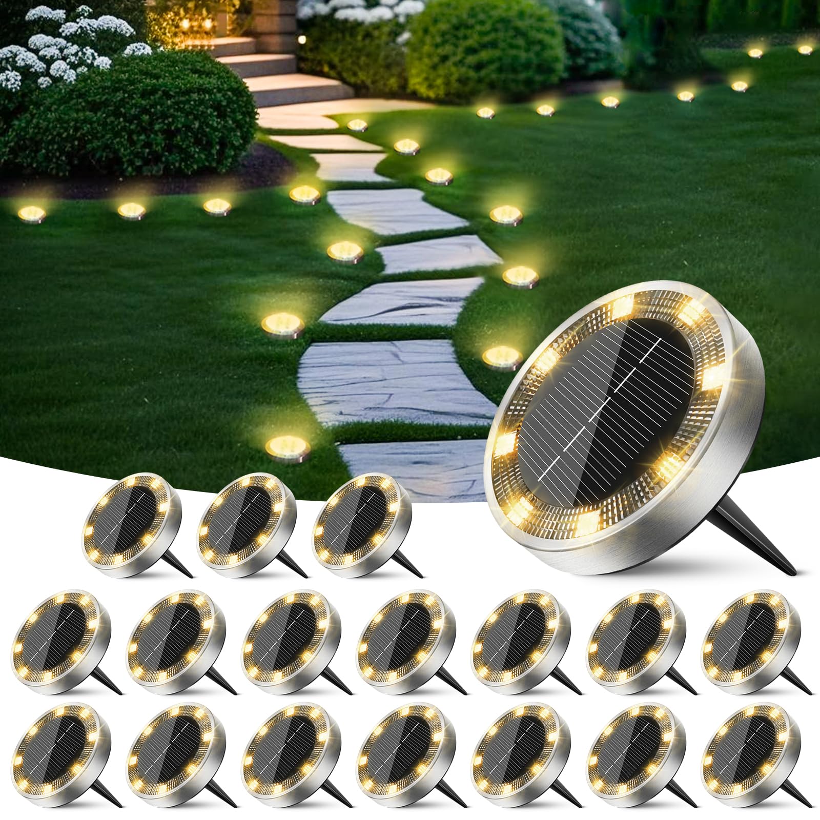 Peasur Solar Ground Lights, 18 Pack, IP68 Waterproof Stainless Steel, Warm White, Model P18FSDW-WW, Outdoor Landscape Lighting
