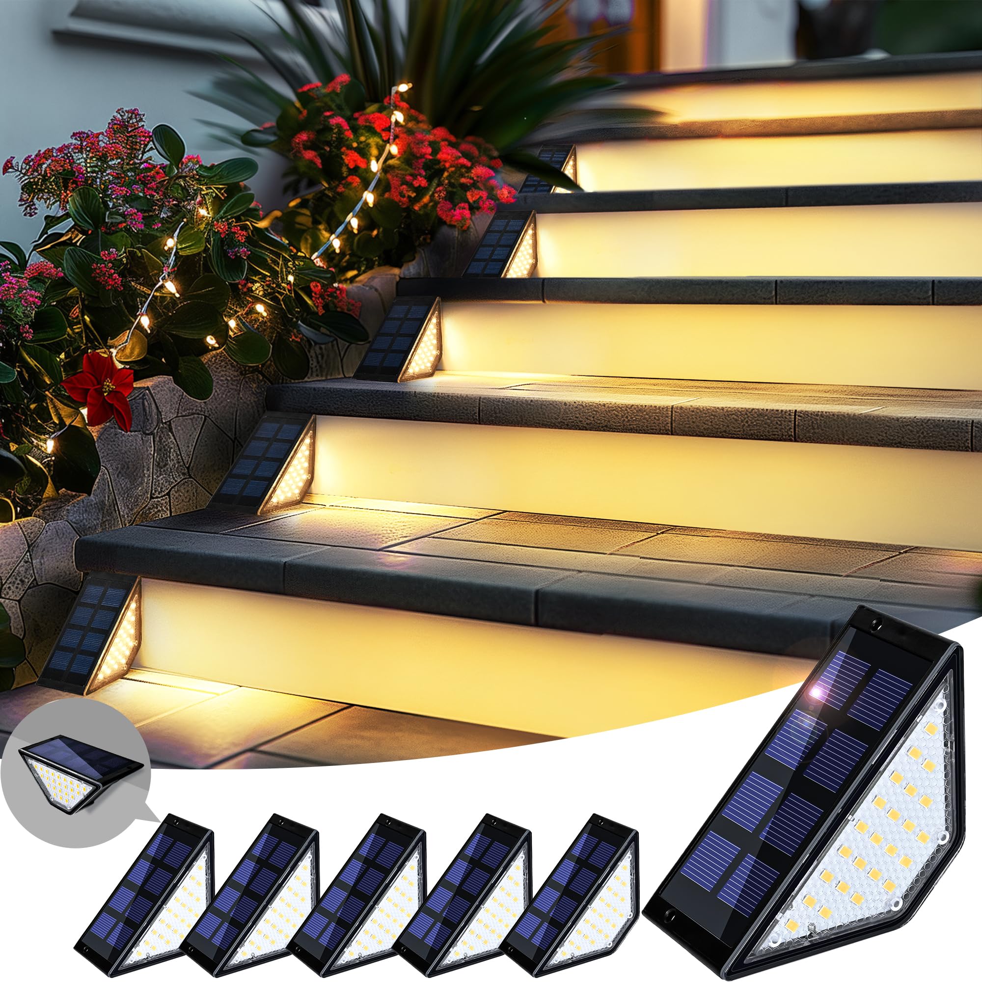 PATIOWIN Solar Step Lights for Outside,24 LEDs Solar Stair Lights Waterproof IP65,Solar Deck Lights Outdoor for Yard, Porch, Fro