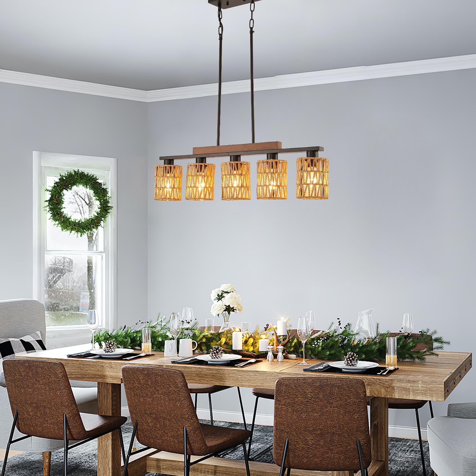 Feohak Boho Dining Room Light Fixture, 5-Light Rattan Chandelier, Farmhouse Woven Large Coastal Wicker Wood Bamboo Bohemian Rust