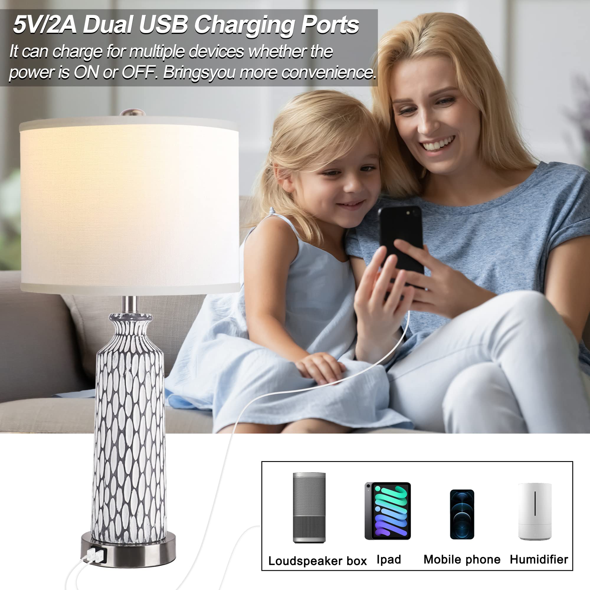 QiMH Table Lamp Set of 2, Modern Coastal Grey White Resin, 3-Way Dimmable Touch Control, USB A+C Ports, 2700K LED Bulbs