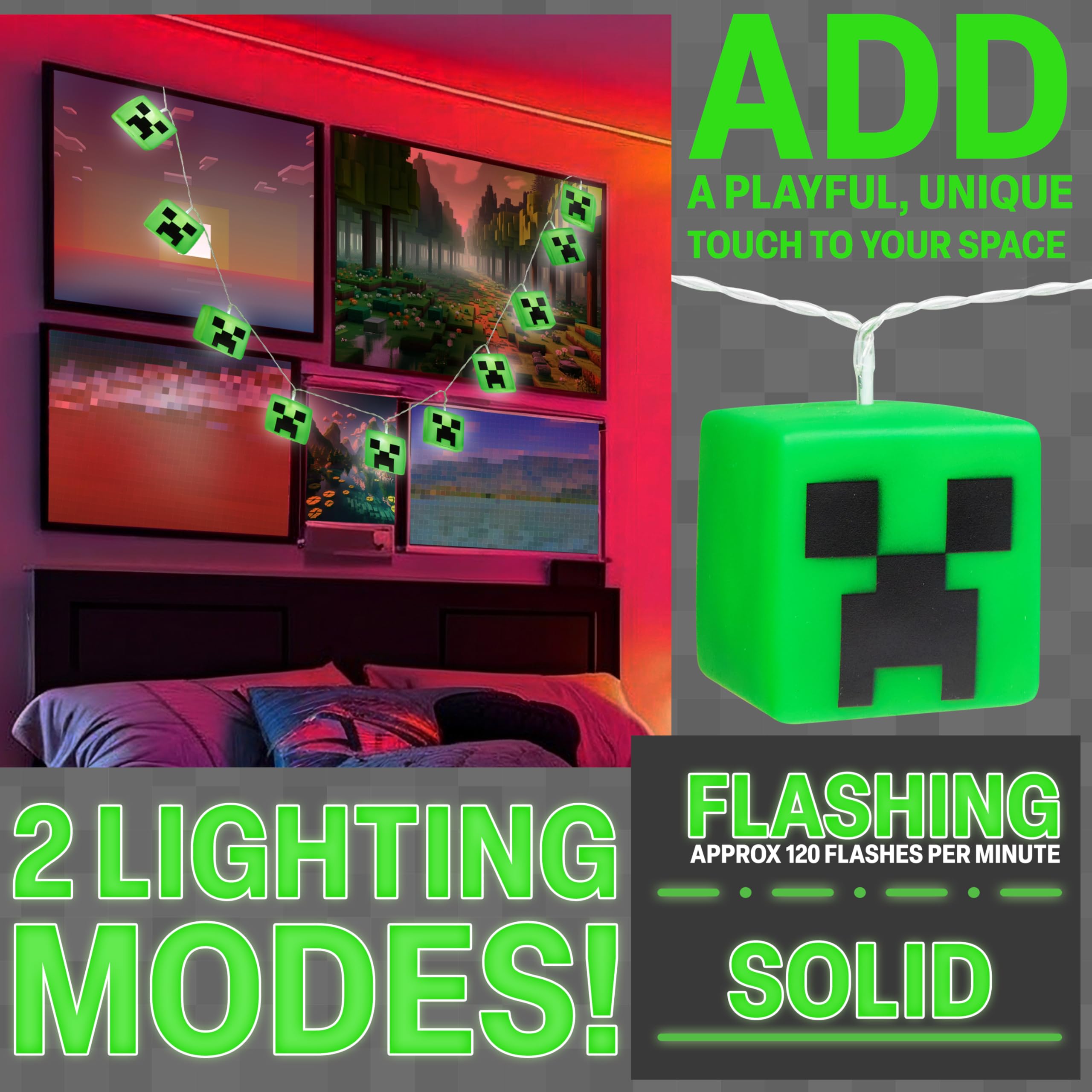Minecraft LED Fairy Lights, Battery Operated, Creeper Cube 1.5" - White Indoor Room Decor for Kids and Gamers