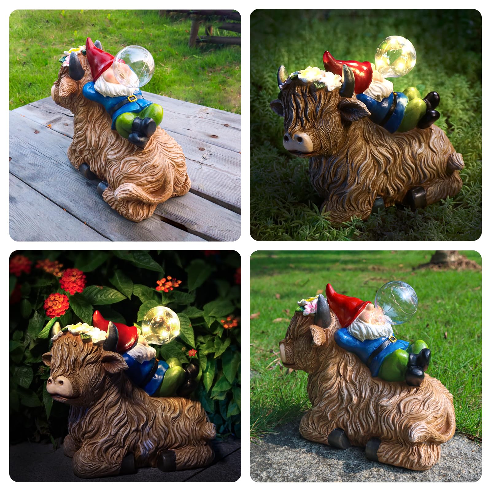 Artterpnica Solar Highland Cow Gnome Garden Decor Statue, Outdoor Funny Solar Light Decoration For Yard, Patio, Lawn, Unique Hou