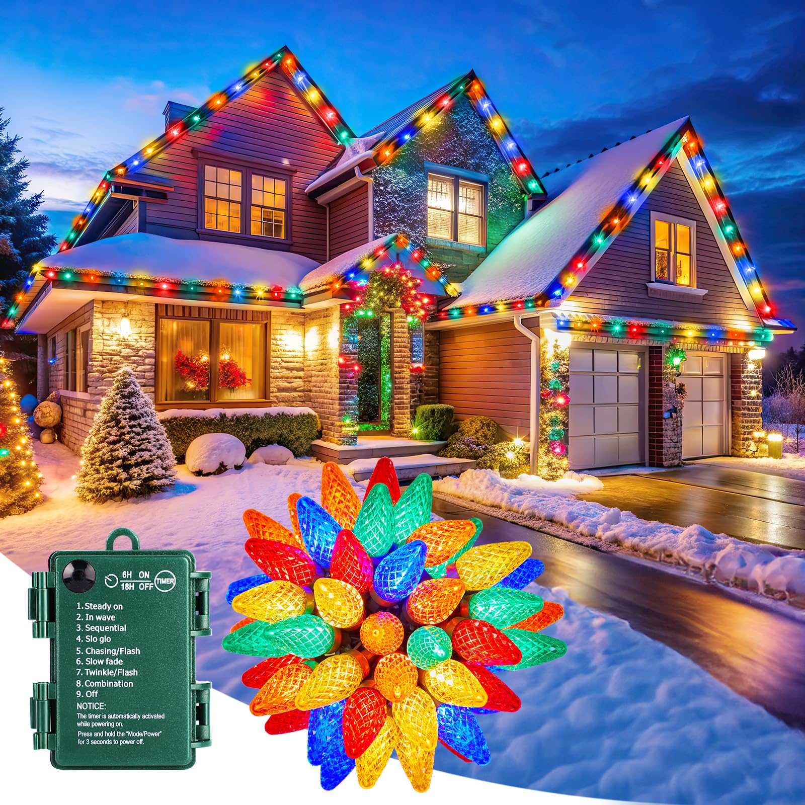 Minetom C9 LED Christmas Lights, 40ft 60 Multicolor String Lights with Timer, Waterproof for Indoor/Outdoor Use