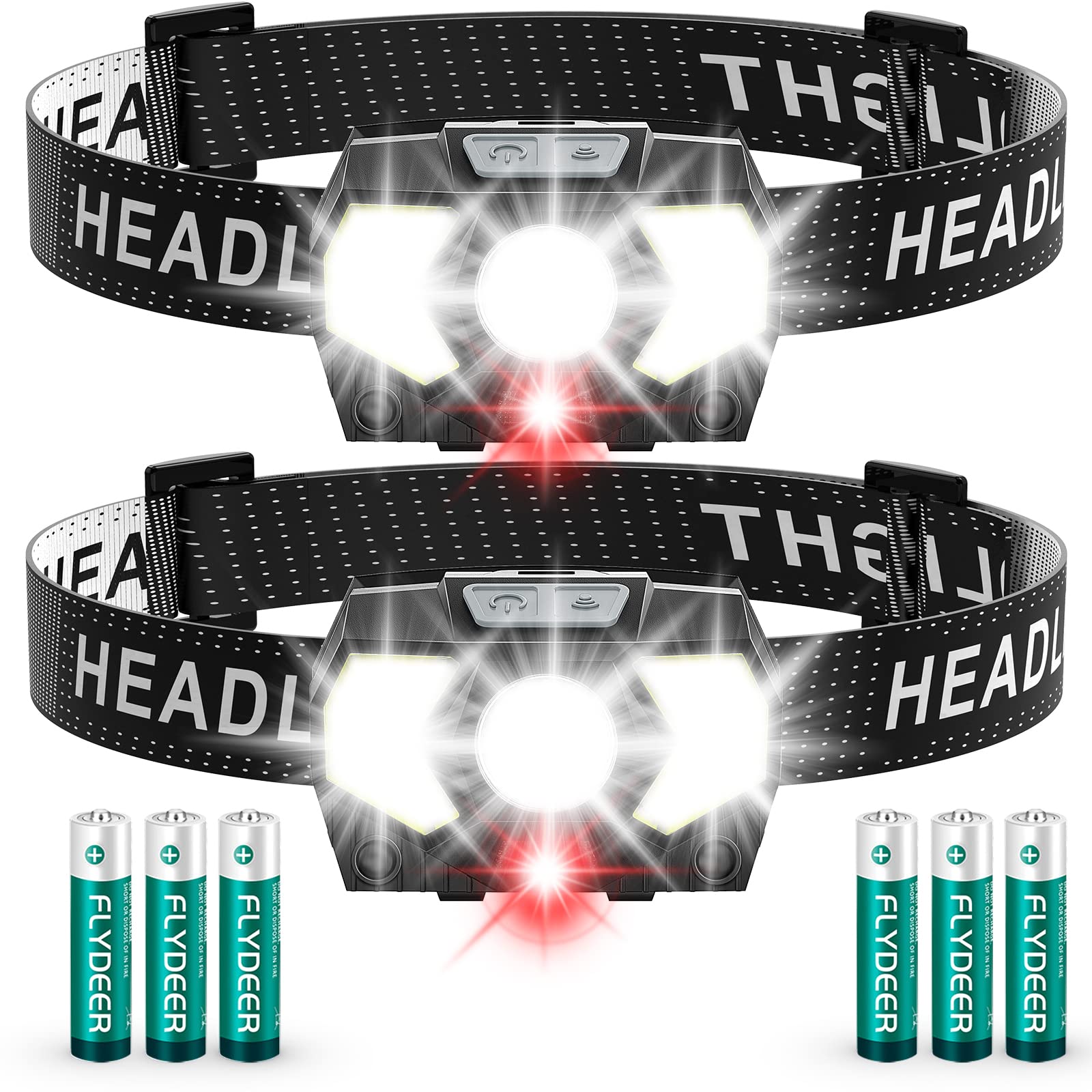 PLUSINTO LED Headlamp Battery Powered, Headlight COB 2pcs 1500 Lumens, AAA Batteries Included, 7 Light Modes with Red Light, Hea