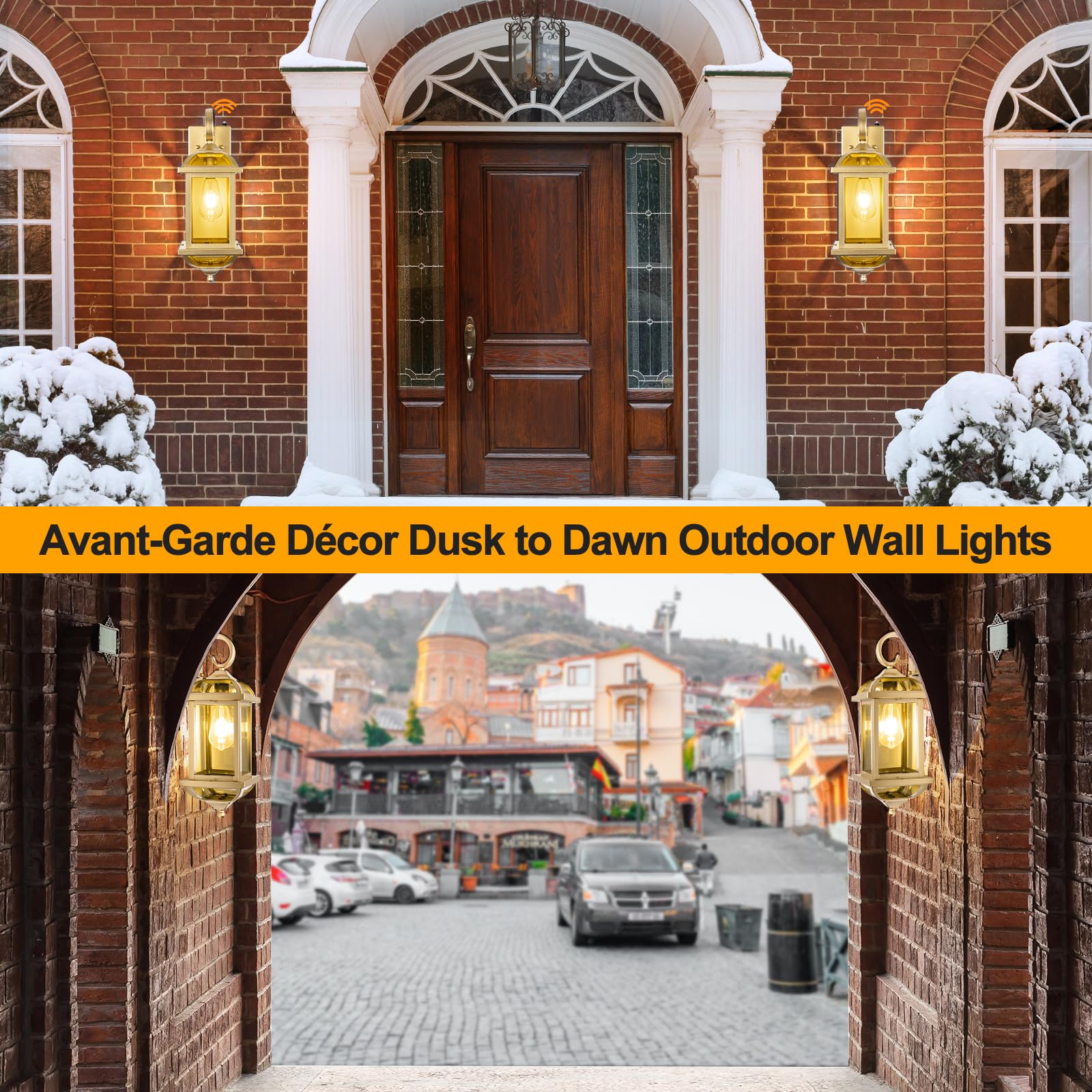 Roravilila Golden Outdoor Sconces 2-Pack, Ip65 Waterproof Aluminum Wall Lanterns With Dusk To Dawn Sensor