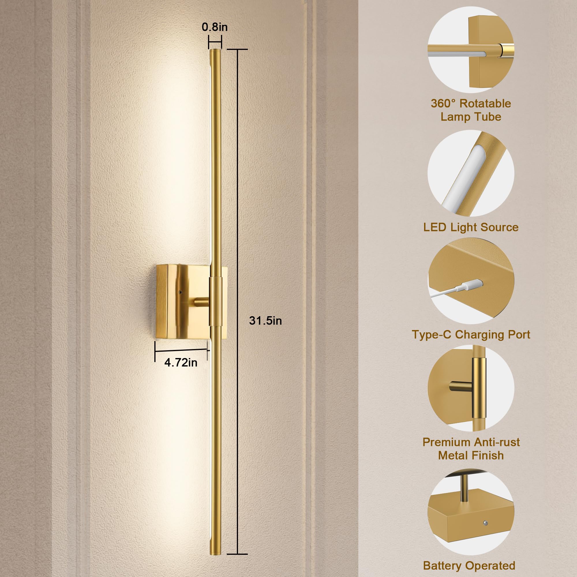Gift4U Battery Operated Wall Sconce Set of Two, 31.5 Inch, 8000mAh USB Rechargeable, 360° Dimmable LED, Gold