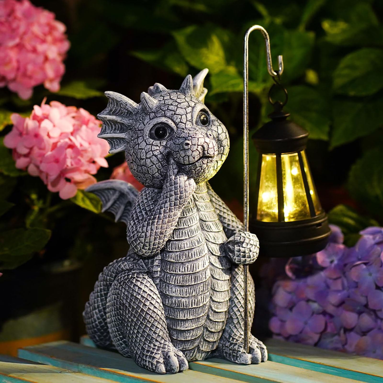Qeeman Garden Decor Statue - Dragon with Solar Lantern, Gray Dragon - Outdoor Yard Art for Mom, Grandma, Wife, Sister, Lover