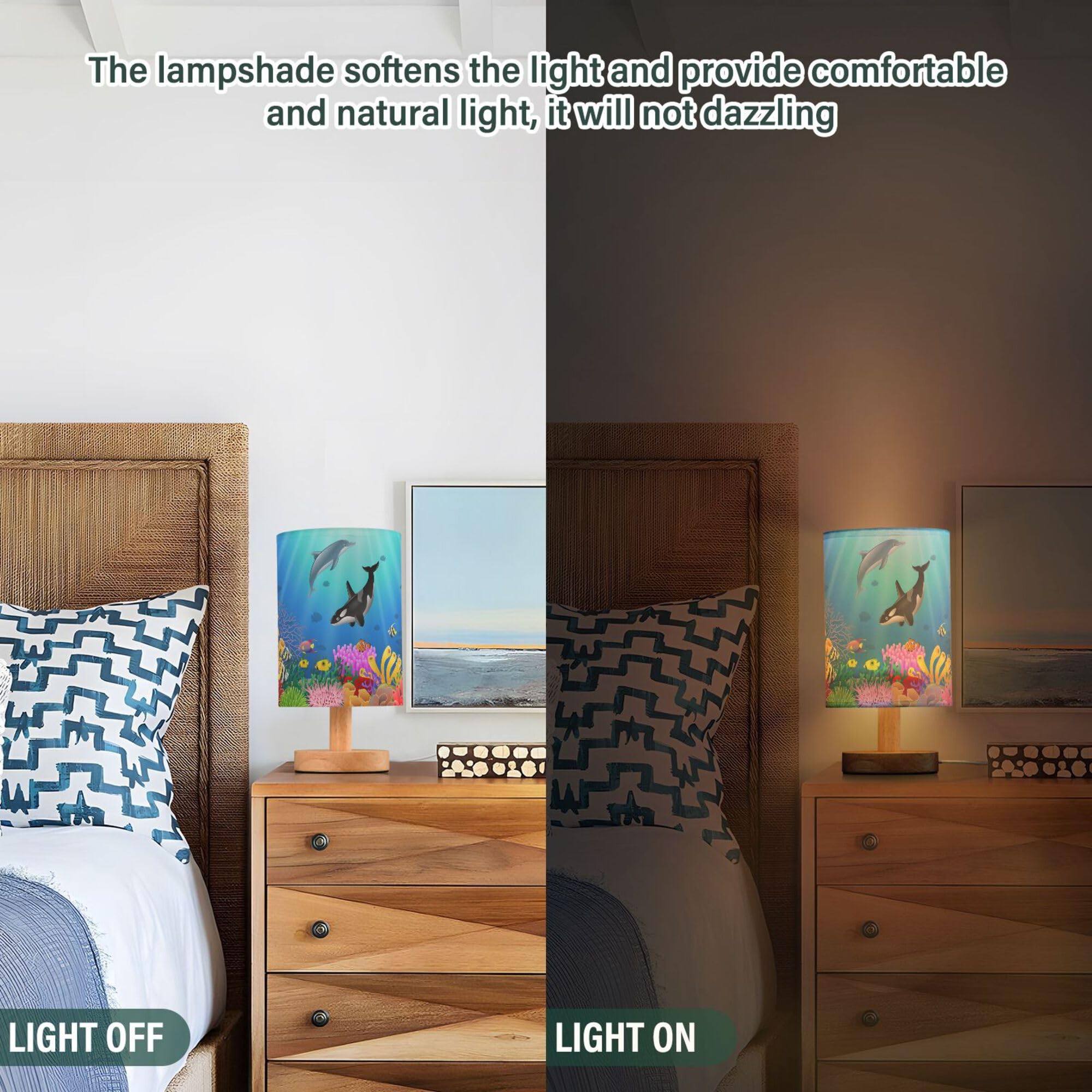 Yyzzh Table Lamp Cartoon Dolphin Killer Whale Sea Fish Coral Underwater In Ocean Nightstand Lamp With Wood Base Fabric Lamp Shad