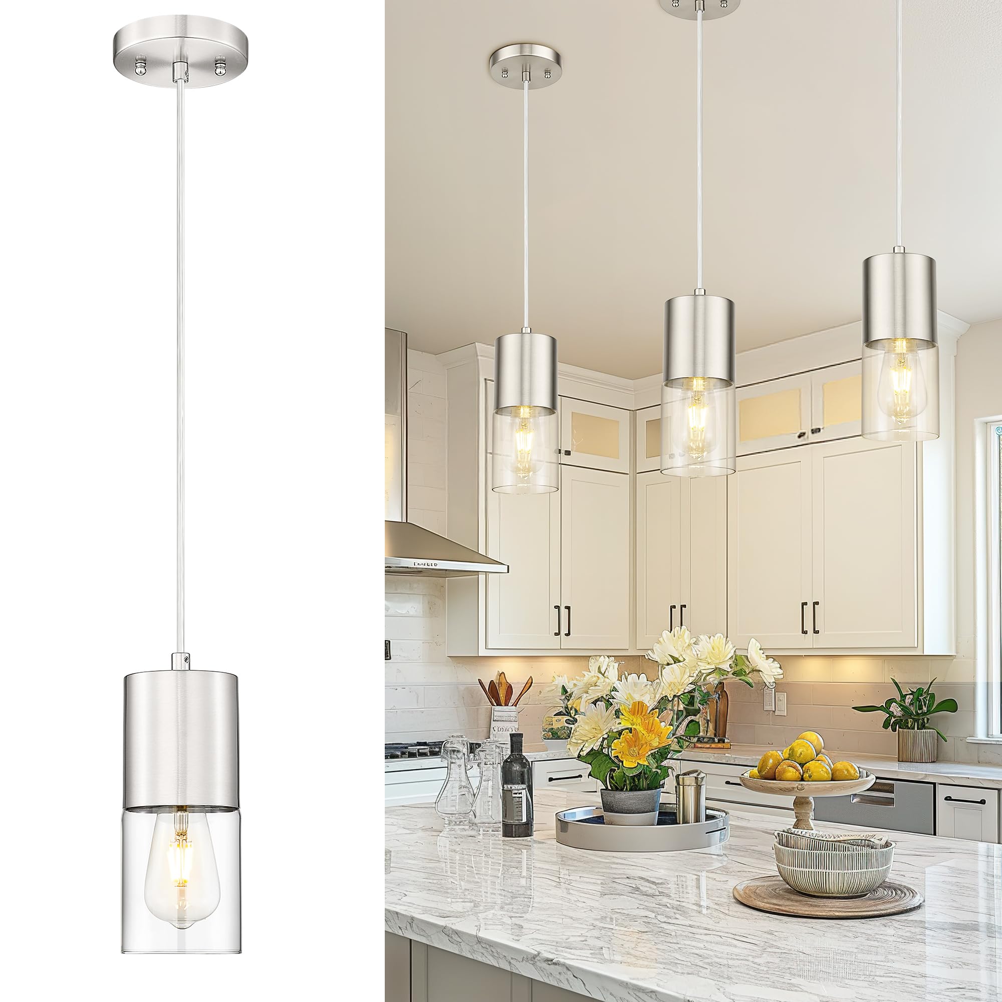 Audickic Pendant Lights Kitchen Island  Brushed Nickel Hanging Lights Fixtures With Cylinder Clear Glass  Modern Kitchen Pendant Lighting Over Island For Dining Room  Ad-24023-1P-Sn