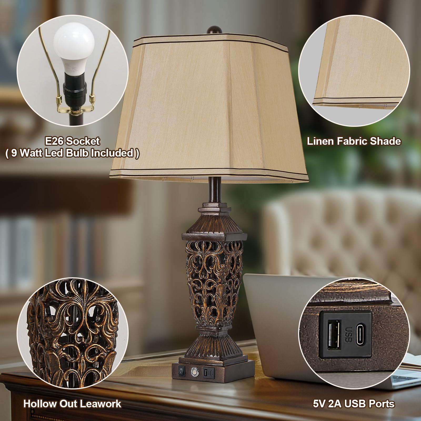 AIDENOEY 27.5in Farmhouse Table Lamp with USB & USB-C Ports, 3-Color Dimmable, Touch Control, Vintage, Brown, Model HYQT108