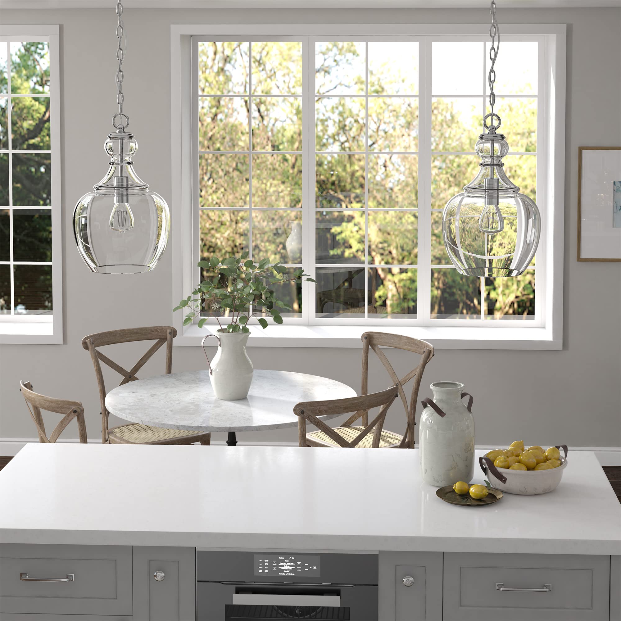 Henn&Hart Pendant Light Fixture, 11in Wide, Brushed Nickel/Clear Glass Shade, Model PD1069, Ideal for Kitchen or Living Room