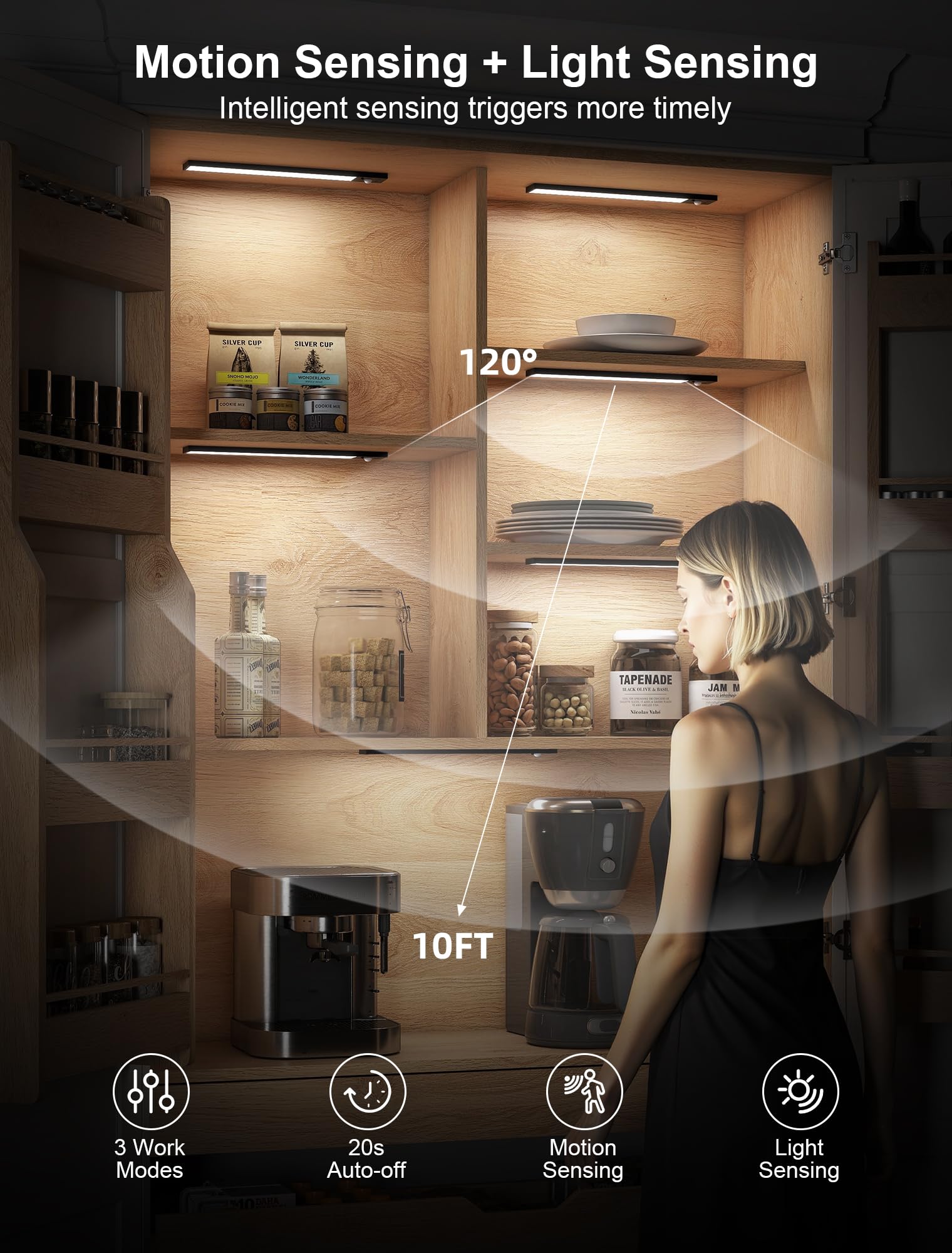 Tnight 5 Pack Under Cabinet Lights - 8" Magnetic Dimmable Wireless, Motion Activated, Black Plastic, Remote Control