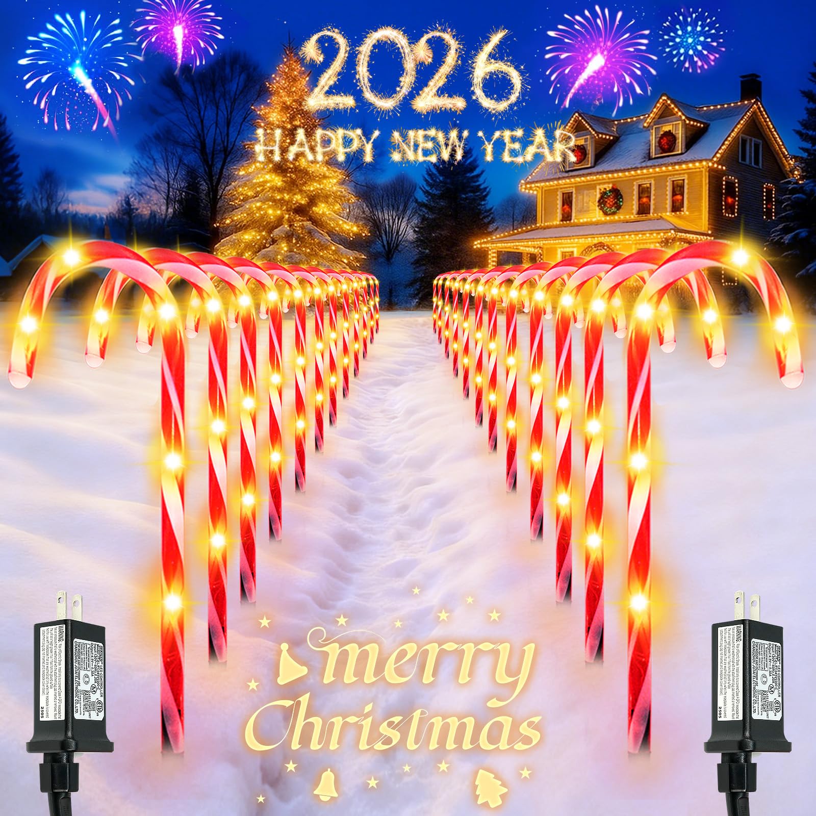 BOSSERN 24 Pack Christmas Candy Cane Lights Plug in  Jumbo Candy Cane Light Waterproof  8 Modes Christmas LED Decorations for Outdoor  Pathway Lights Plug in for Garden Lawn Yard Patio Decorations