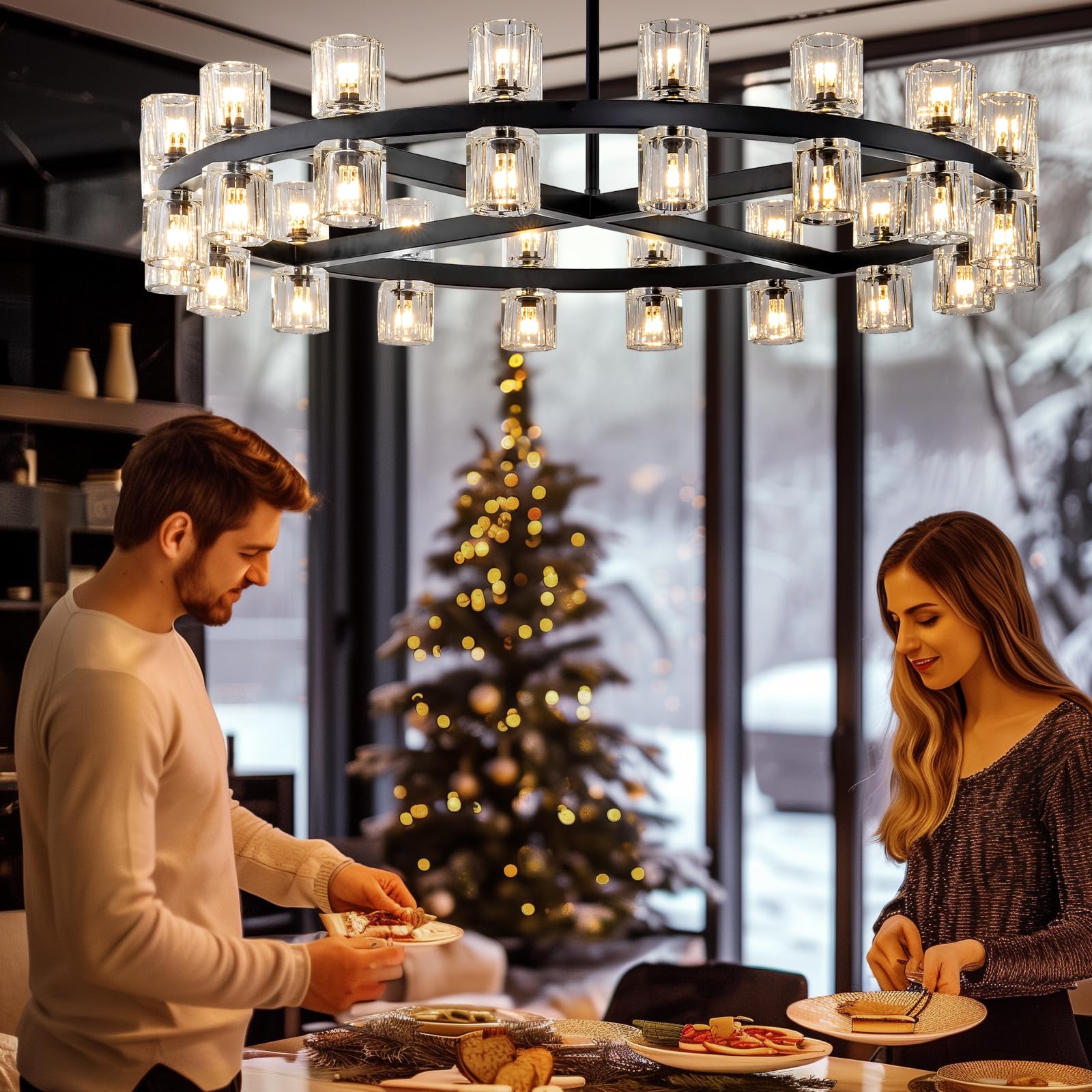 Plsintly Modern Black Crystal Chandelier 36" K9, Metal & Crystal, Ideal for Dining Room, Living Room, Foyer, Model PLS-M-236