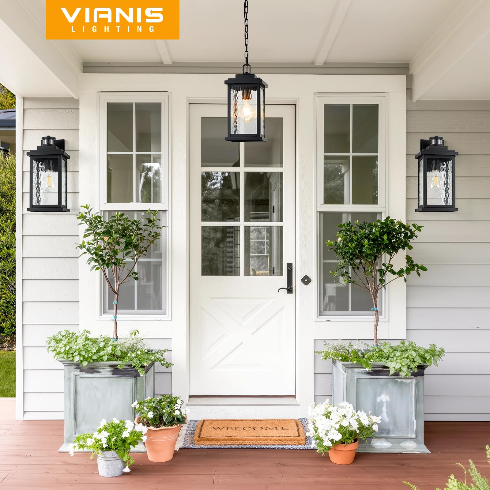 VIANIS Large Anti-Rust Outdoor Chandelier with Adjustable Wire, Black Pendant Light with Water Glass for Porch, Garden,Garage, E