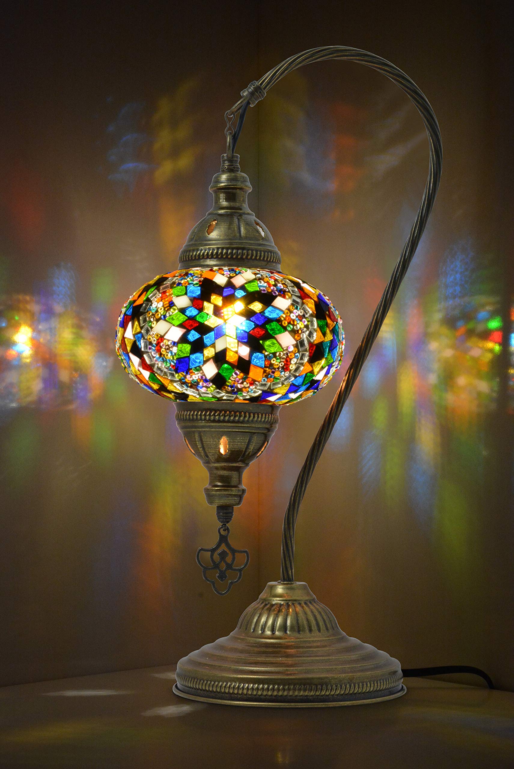 Mozaist Turkish Swan Neck Mosaic Table Lamp - Antique Bohemian Glass Shade, E12, Us Plug