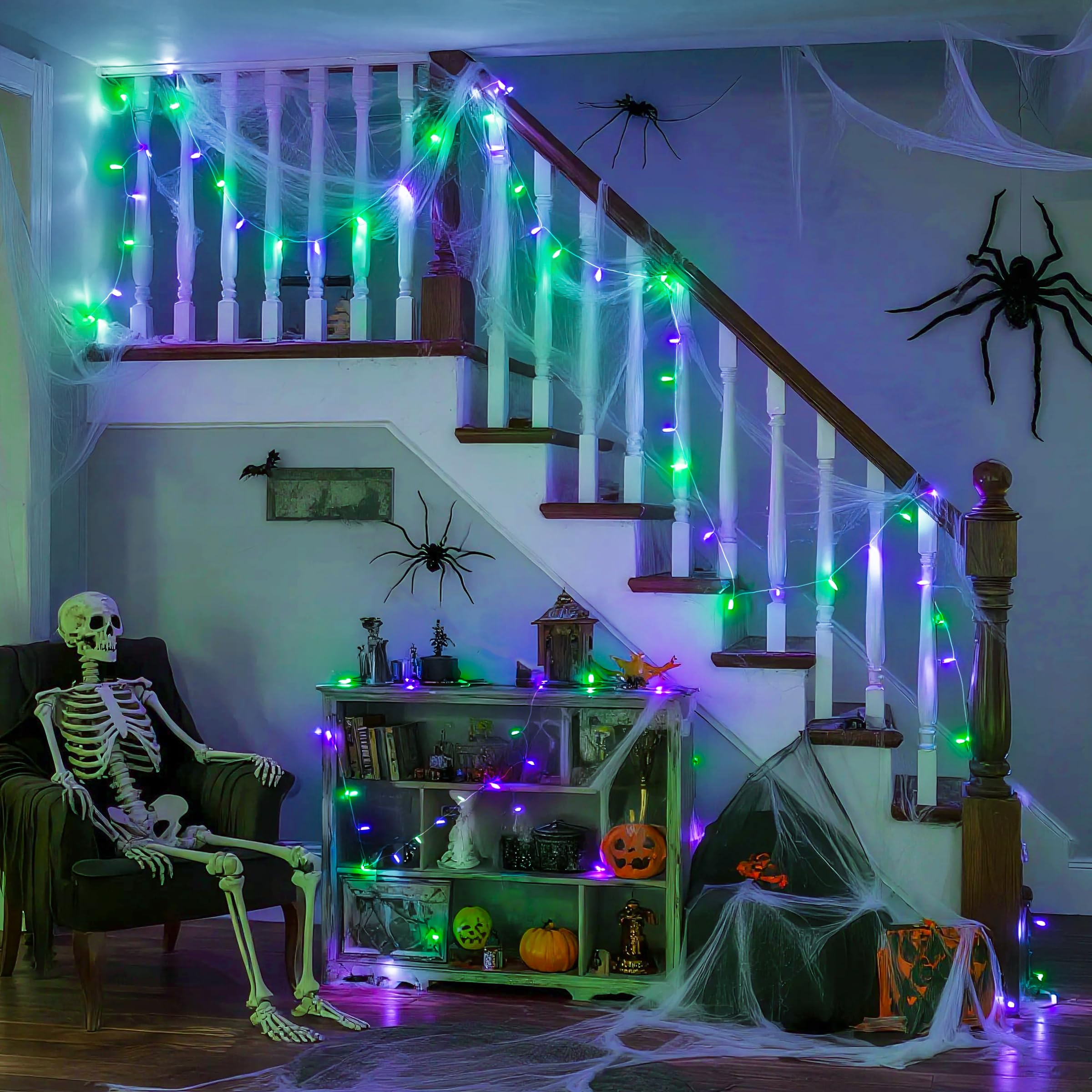 Jmexsuss 2 Pack Purple And Green Halloween Lights  Total 200 Led 8 Modes Halloween String Lights Plug In  Each 33Ft Connectable Christmas Lights Indoor Outdoor For Tree Porch Fireplace Decor