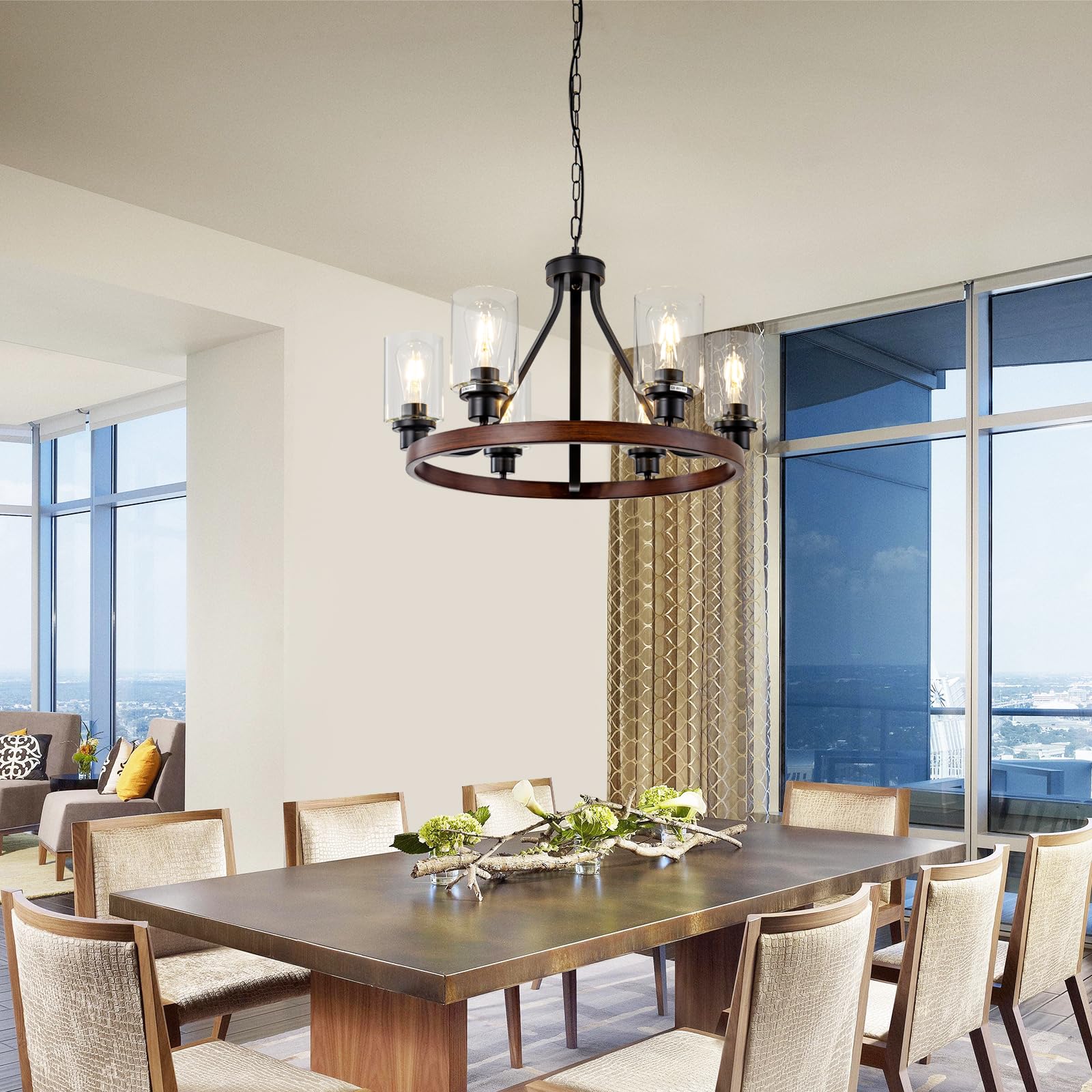 Lanhall 6-Light Chandelier, Rustic Wooden Pendant Light Fixture, Adjustable Height, Metal, Model 23927