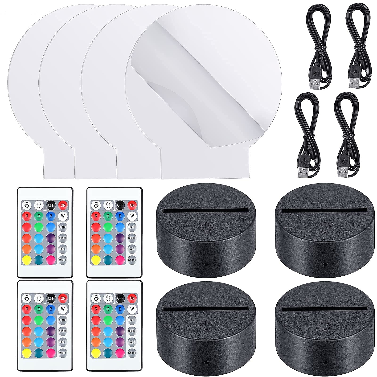 Honoson 4 Set 3D Night Light LED Lamp with Acrylic Base, Remote Control, 16 Colors, Round Style, Clear