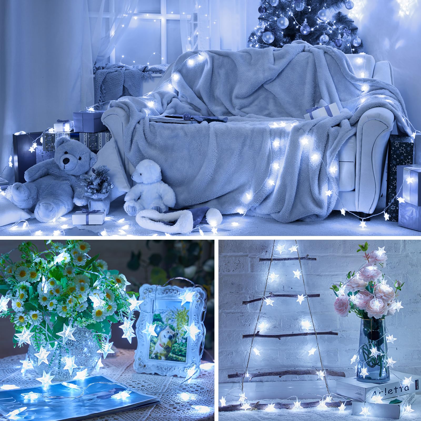 Minetom Star String Lights - 50 LED Fairy Lights, 17 ft, Battery Operated, Waterproof, 2 Pack, White