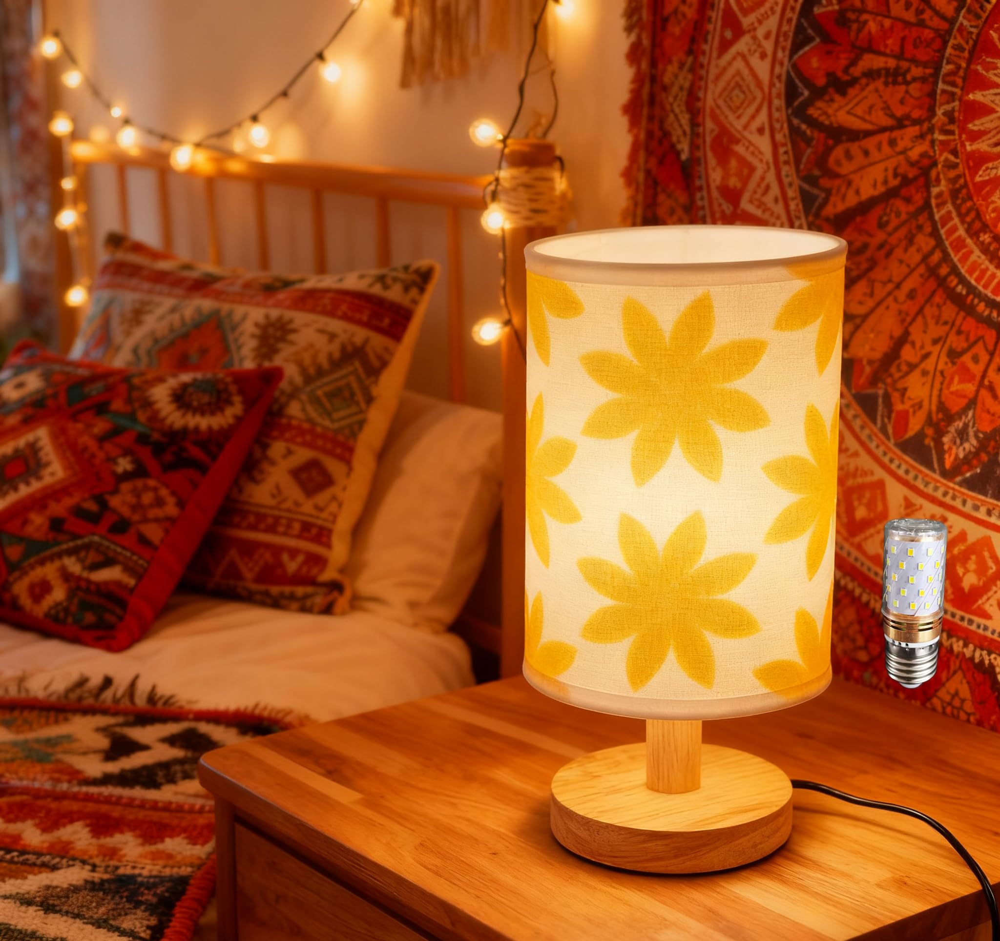 ZSSYLLZ Small Bedside Night Table Lamp|Inline Control & 3 Brightness Levels|Yellow Flower-Patterned Shade Bedside Lamp for Bedro