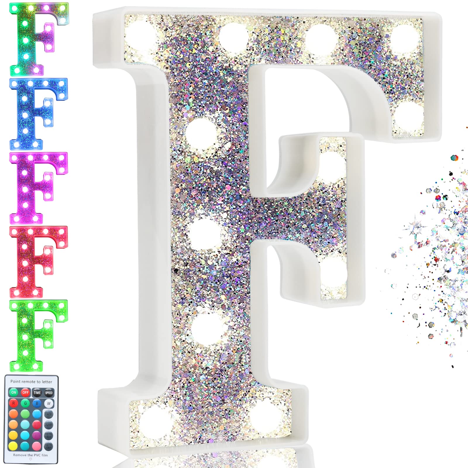 Pooqla Colorful LED Marquee Letter Light, Battery Operated, 16 Colors, Silver, Model S-RGB Silver-F, Perfect for Parties and Decoration