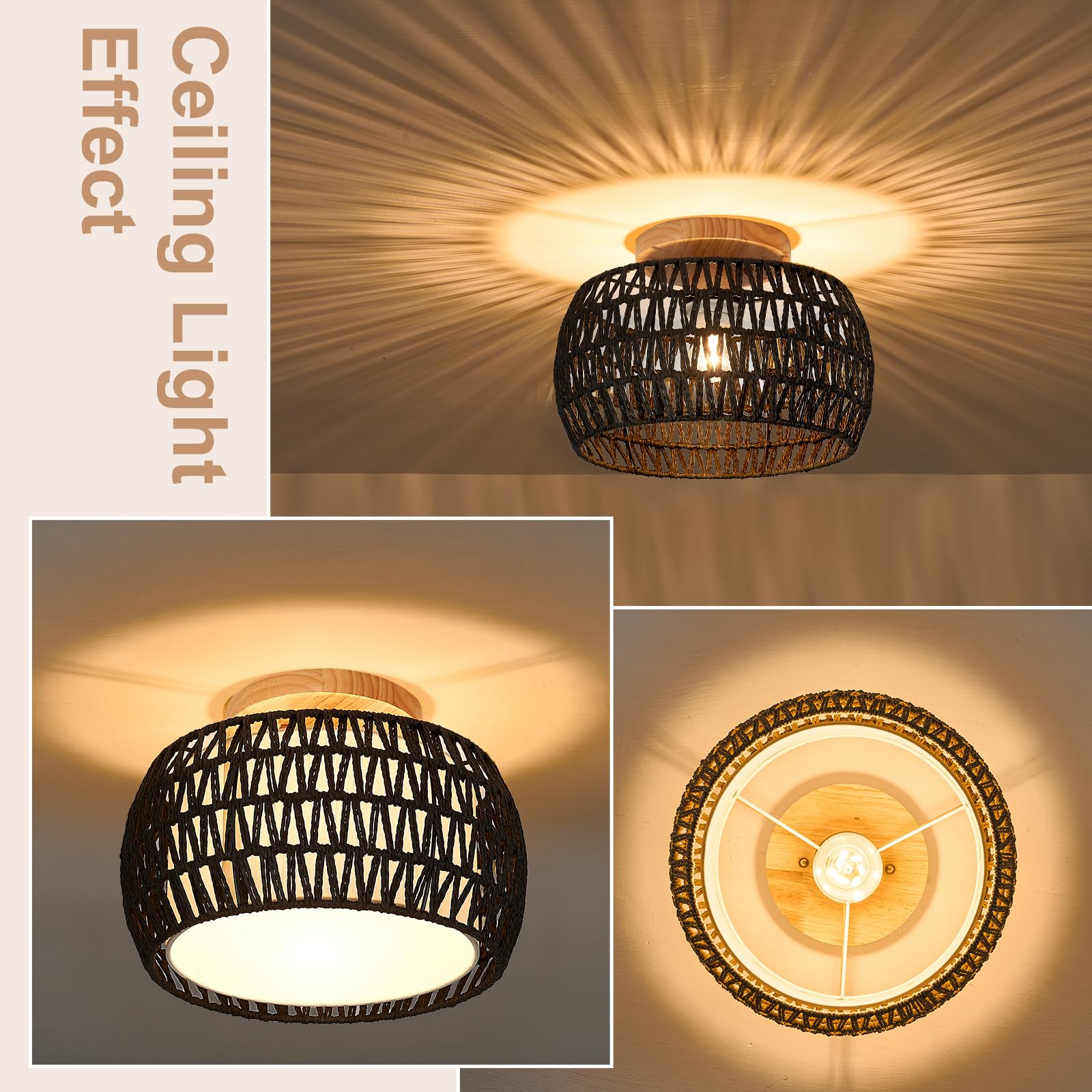 Alaislyc 2 Packs Boho Rattan Flush Mount Ceiling Lights 12 Inch Farmhouse Ceiling Light Fixtures Rustic Wicker Hand Woven Rope C