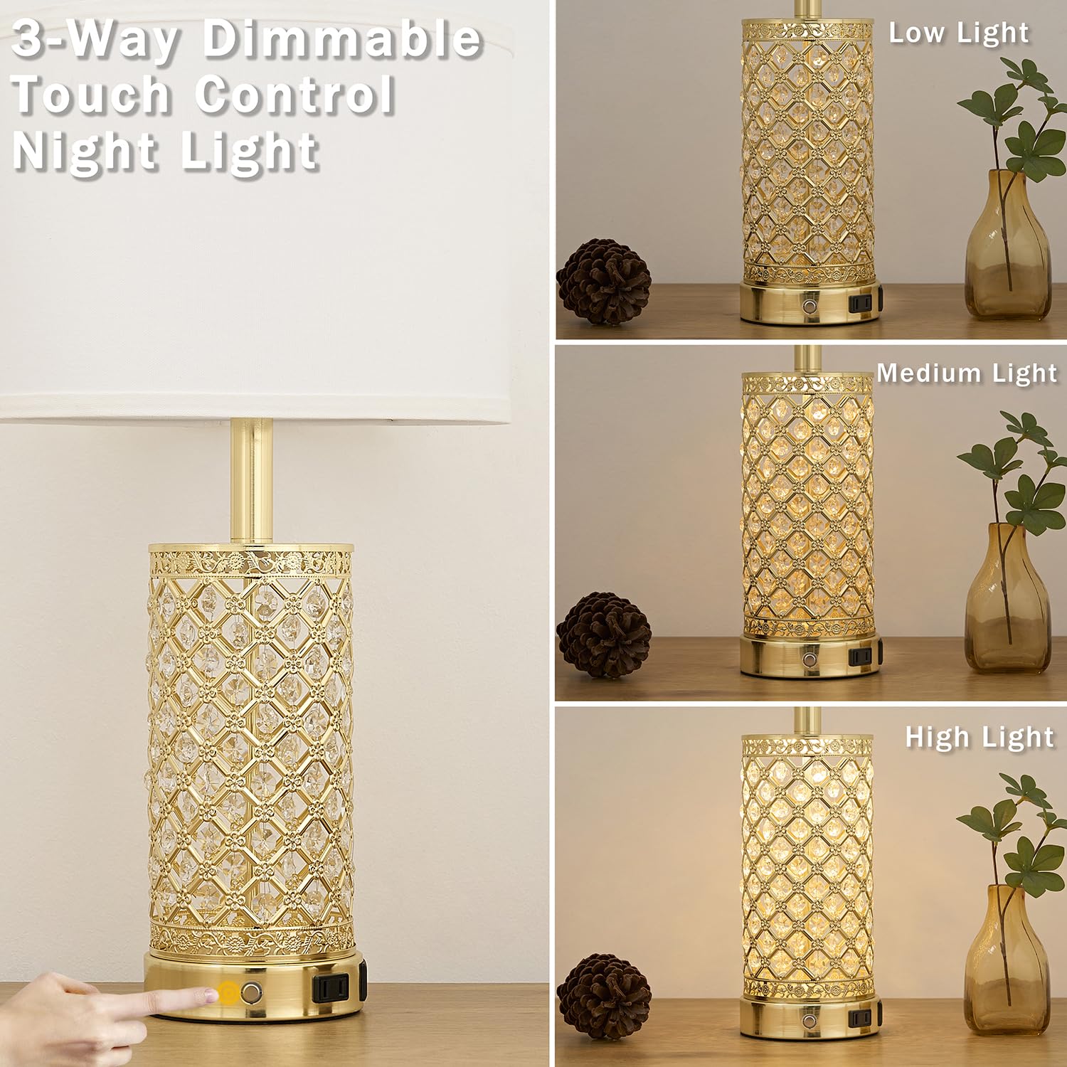 Saiweya Modern Crystal Table Lamp - 24'' Gold Bedroom Lamps 3-Way Dimmable Touch Lamp With Night Light, 2 Usb Ports + Ac Outlet