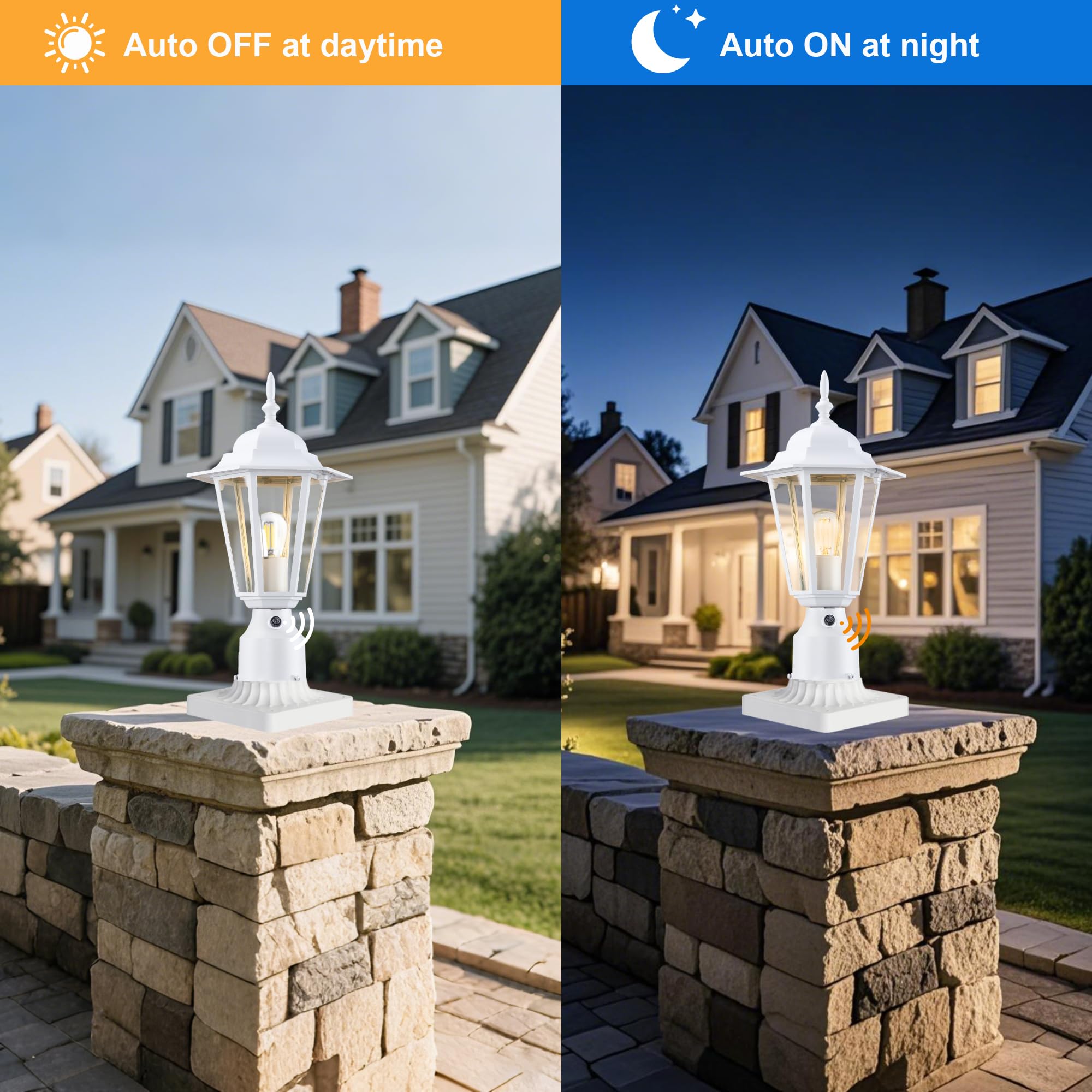 GRUENLICH Outdoor Post Lights, Modern Aluminum Lamp Fixture, Dusk to Dawn, 15in Height, White, 2 Pack, Model GR-PL001D2D-WT-
